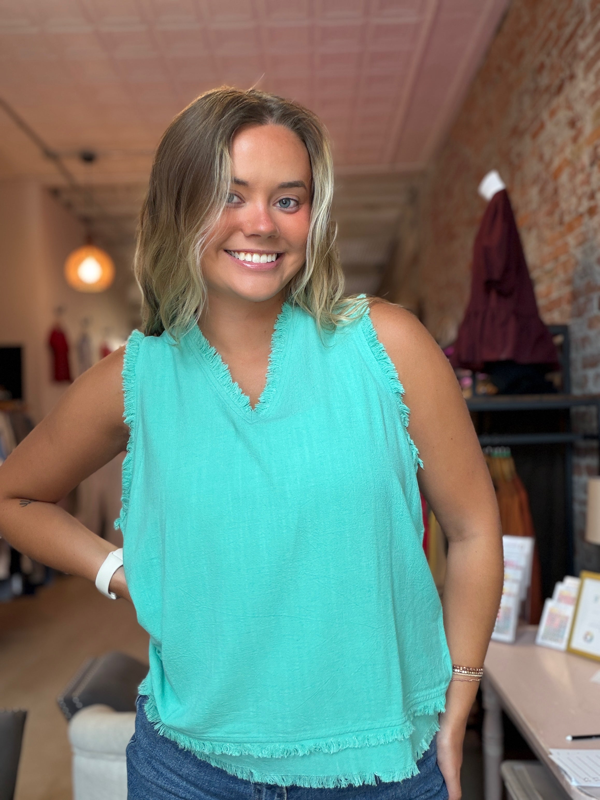 Serena Sleeveless Gauze Fringe Top-La Miel-The Funky Zebra Ames, Women's Fashion Boutique in Ames, Iowa