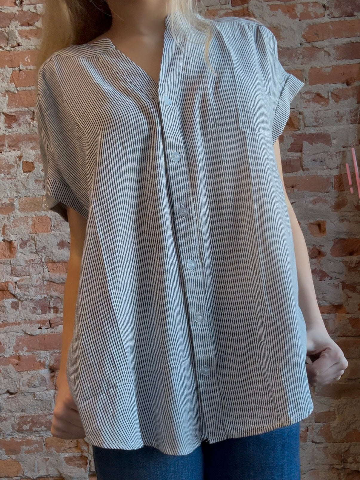 Gemma Pinstripe Button Down Top-Short Sleeves-Blu Pepper-The Funky Zebra Ames, Women's Fashion Boutique in Ames, Iowa