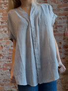 Gemma Pinstripe Button Down Top-Short Sleeves-Blu Pepper-The Funky Zebra Ames, Women's Fashion Boutique in Ames, Iowa