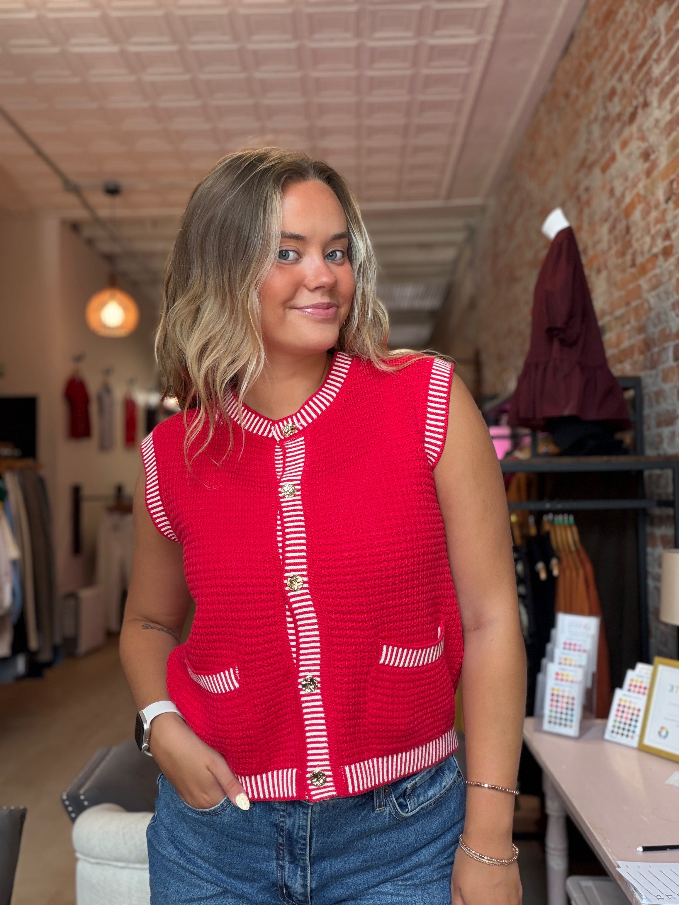 Miranda Red Button Down Swater Vest-Vests-Staccato-The Funky Zebra Ames, Women's Fashion Boutique in Ames, Iowa