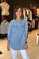 Sara Chambray Button Down Top-Long Sleeves-Doe and Rae-The Funky Zebra Ames, Women's Fashion Boutique in Ames, Iowa