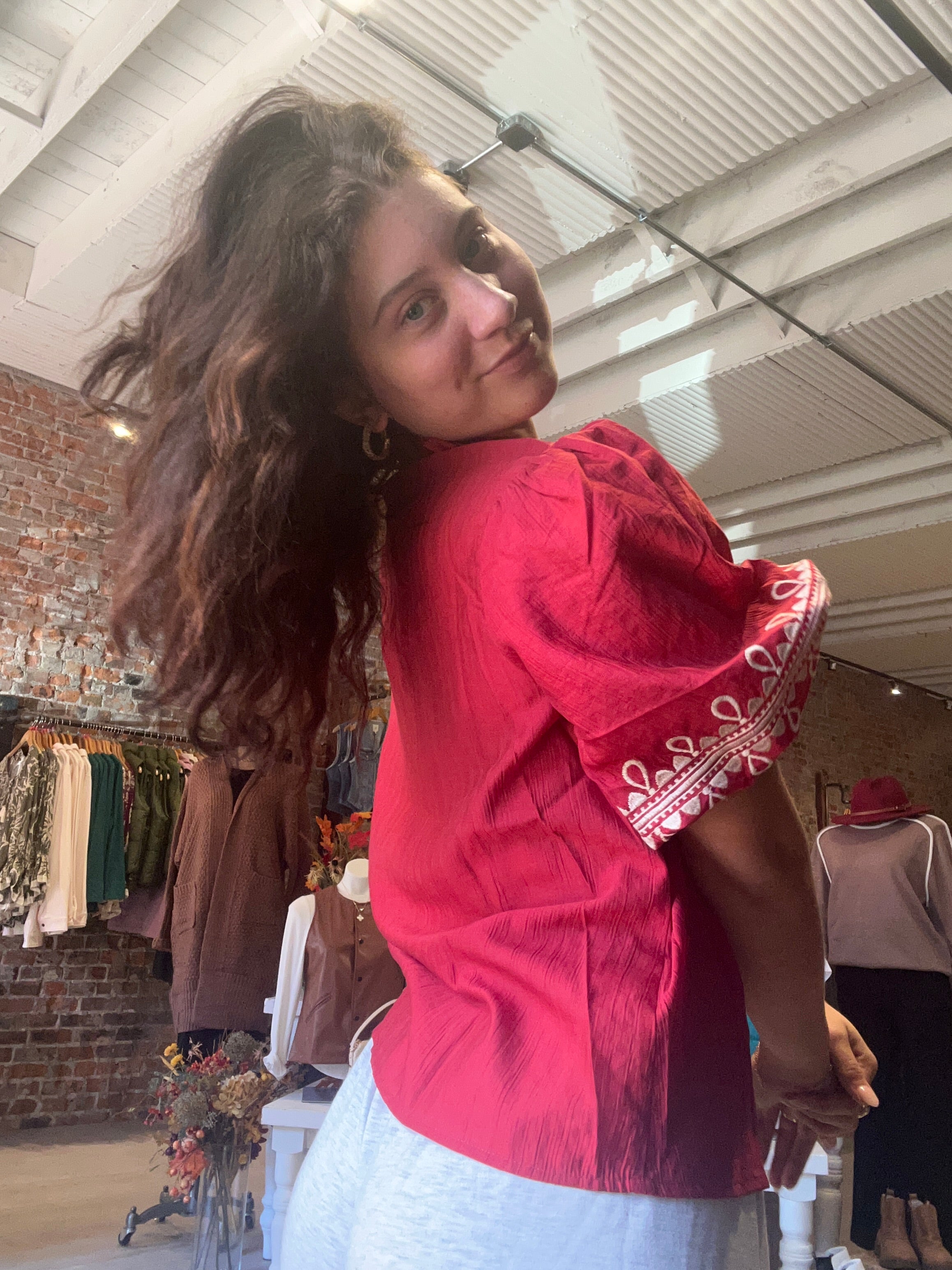 Hanna Red Embroidered Puff Sleeve-Long Sleeves-Oddi-The Funky Zebra Ames, Women's Fashion Boutique in Ames, Iowa