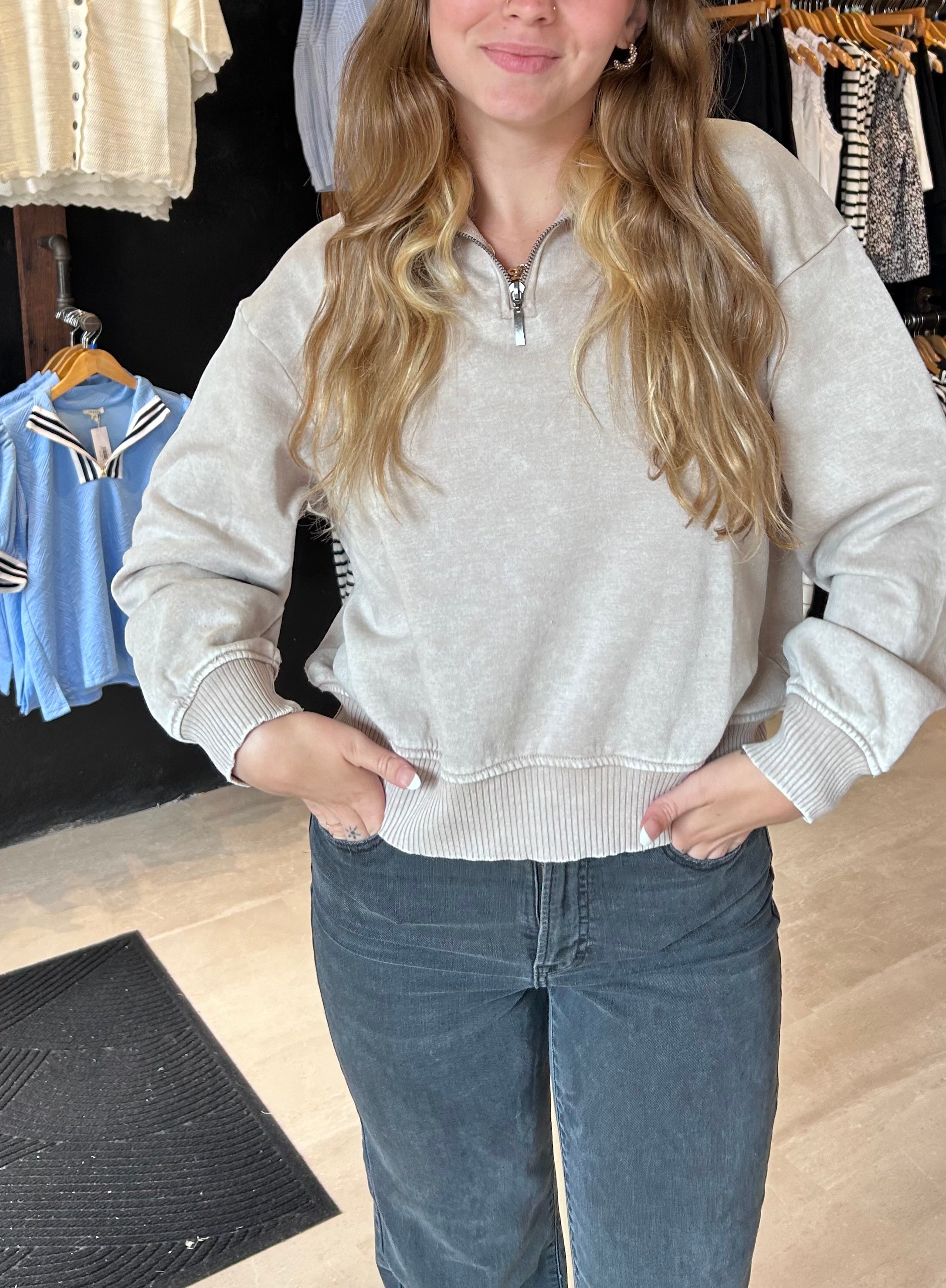Brittany Washed Half Zip Pullover-Sweatshirt-Zenana-The Funky Zebra Ames, Women's Fashion Boutique in Ames, Iowa