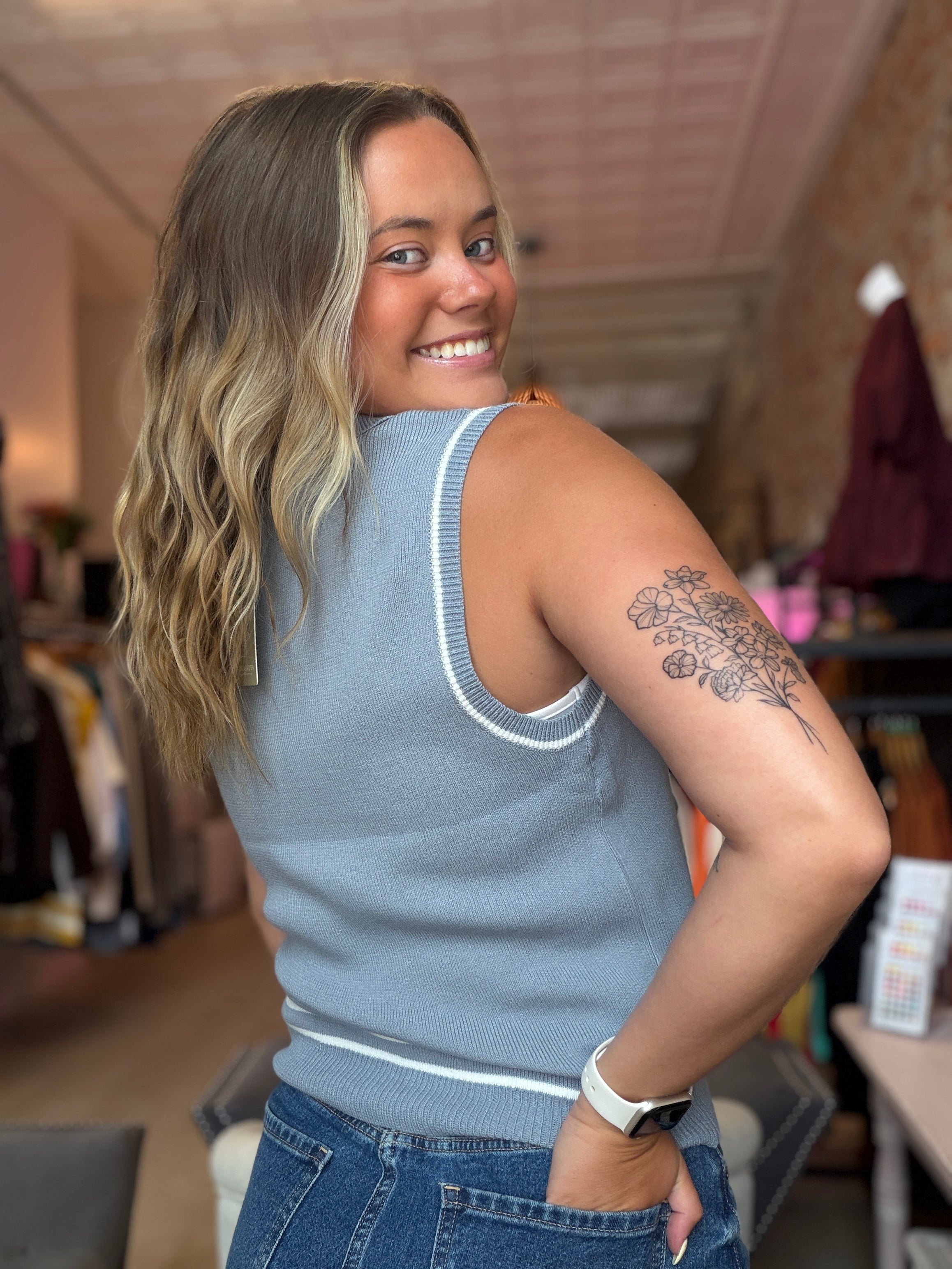 Maggie Blue Sleeveless Collar Sweater-The Funky Zebra Ames-The Funky Zebra Ames, Women's Fashion Boutique in Ames, Iowa
