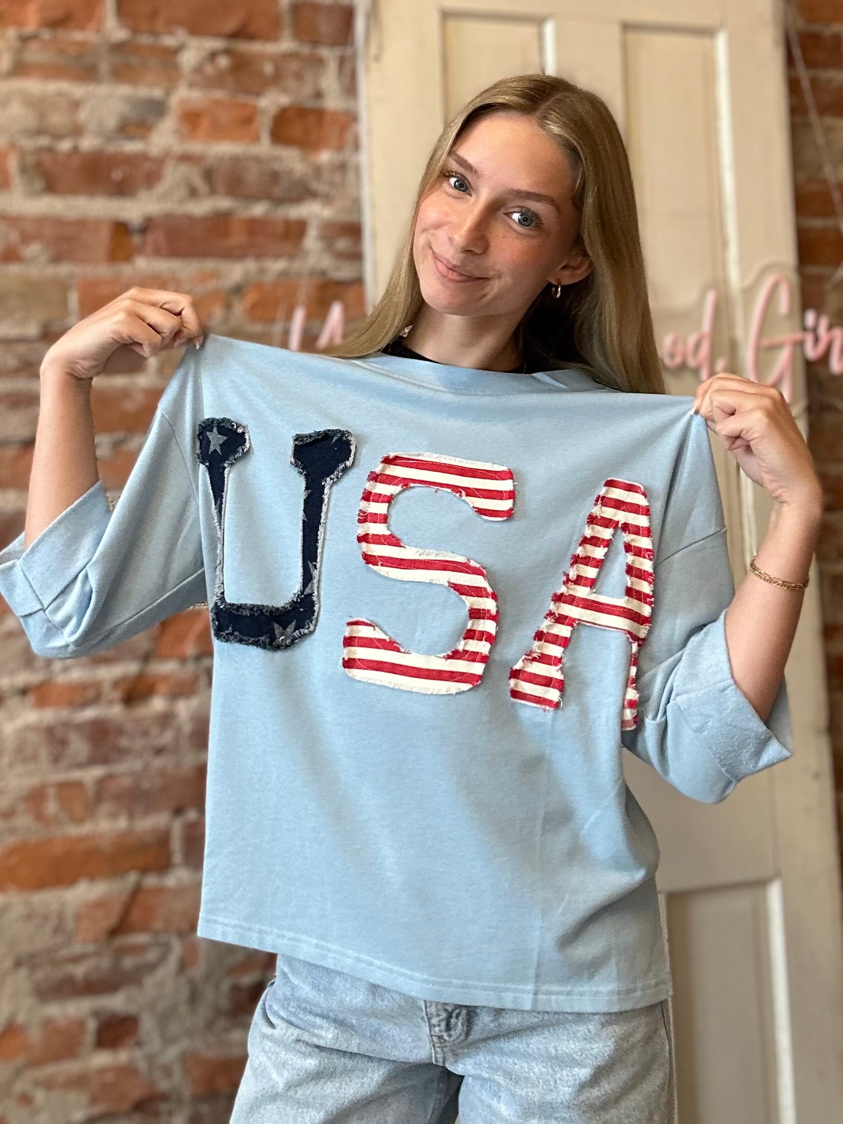 USA Patched Blue Top-Jodifl-The Funky Zebra Ames, Women's Fashion Boutique in Ames, Iowa