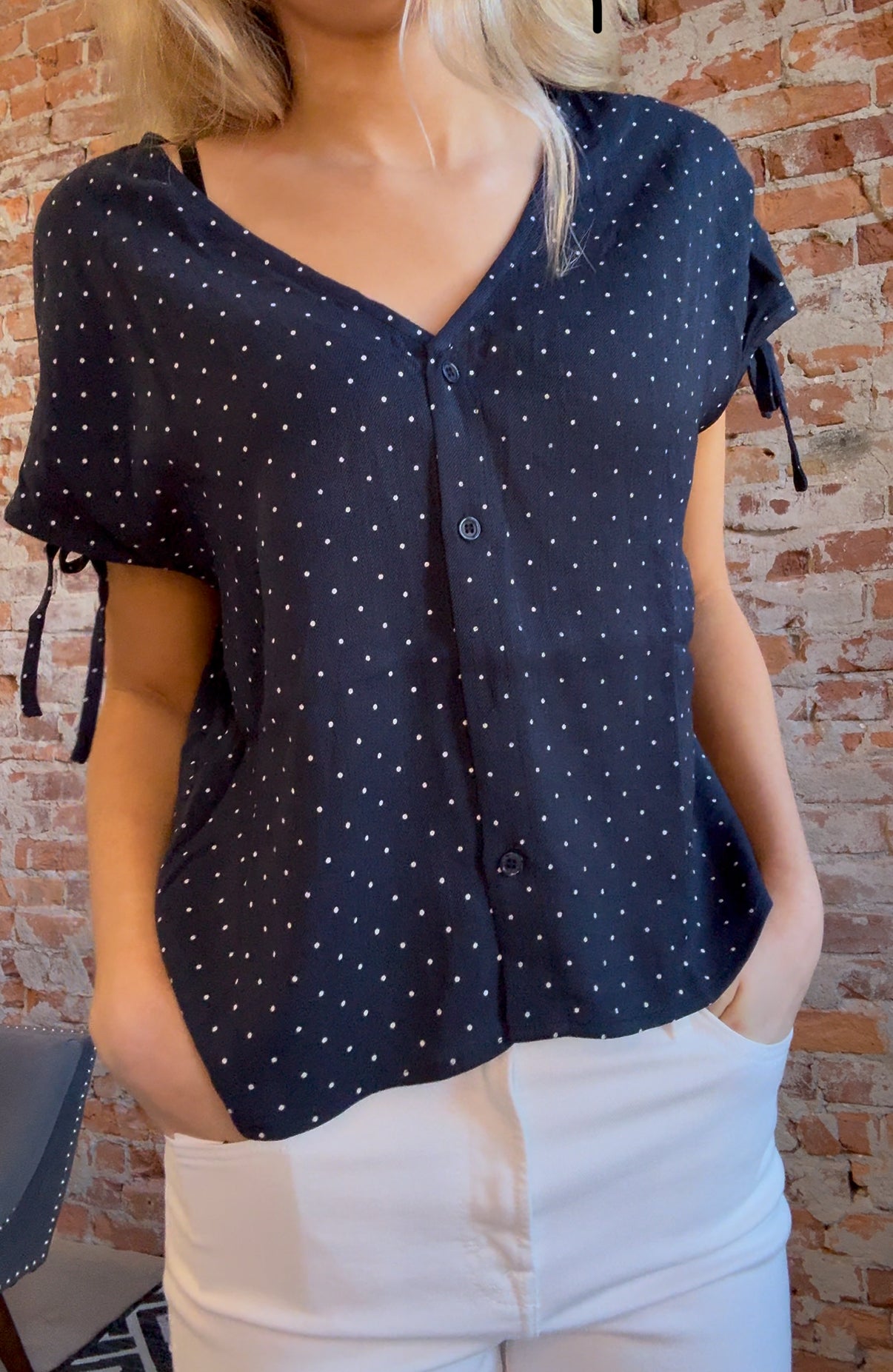 Celene Navy Tie Button Front Short Sleeve Top-Short Sleeves-Molly Bracken-The Funky Zebra Ames, Women's Fashion Boutique in Ames, Iowa