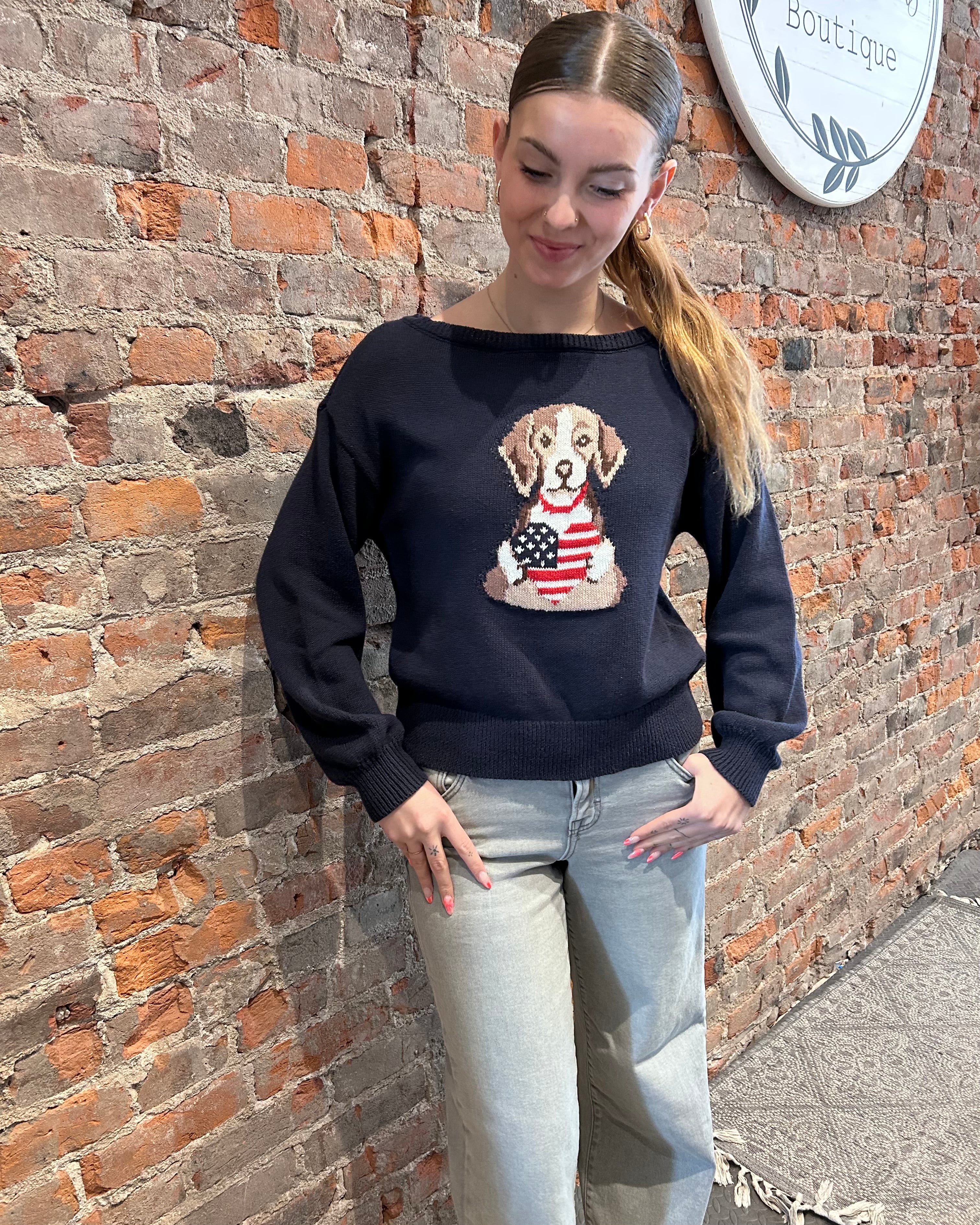 Raina American Heart Puppy Sweater-Sweaters-Blu Pepper-The Funky Zebra Ames, Women's Fashion Boutique in Ames, Iowa