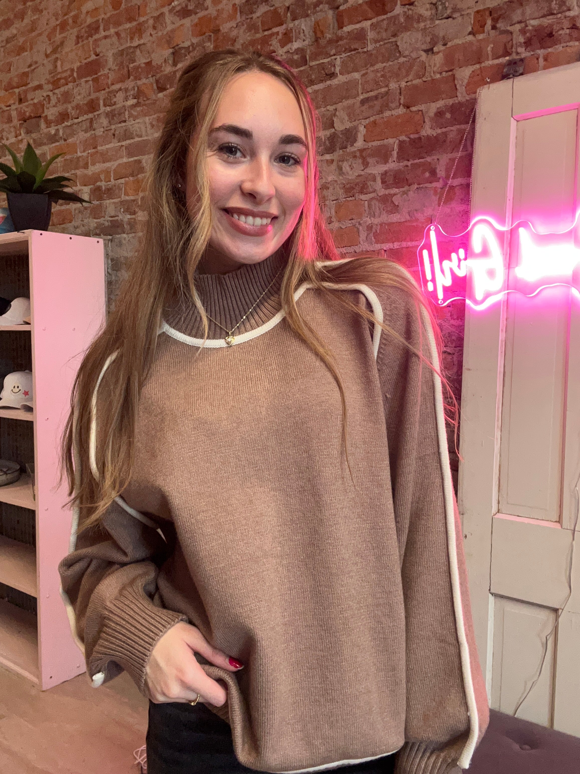 Jordyn Brown/Cream Stitch Sweater Detail-Sweaters-Gilli-The Funky Zebra Ames, Women's Fashion Boutique in Ames, Iowa