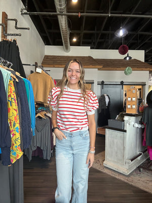 Erica Striped Puff Sleeve-Sweater-La Miel-The Funky Zebra Ames, Women's Fashion Boutique in Ames, Iowa