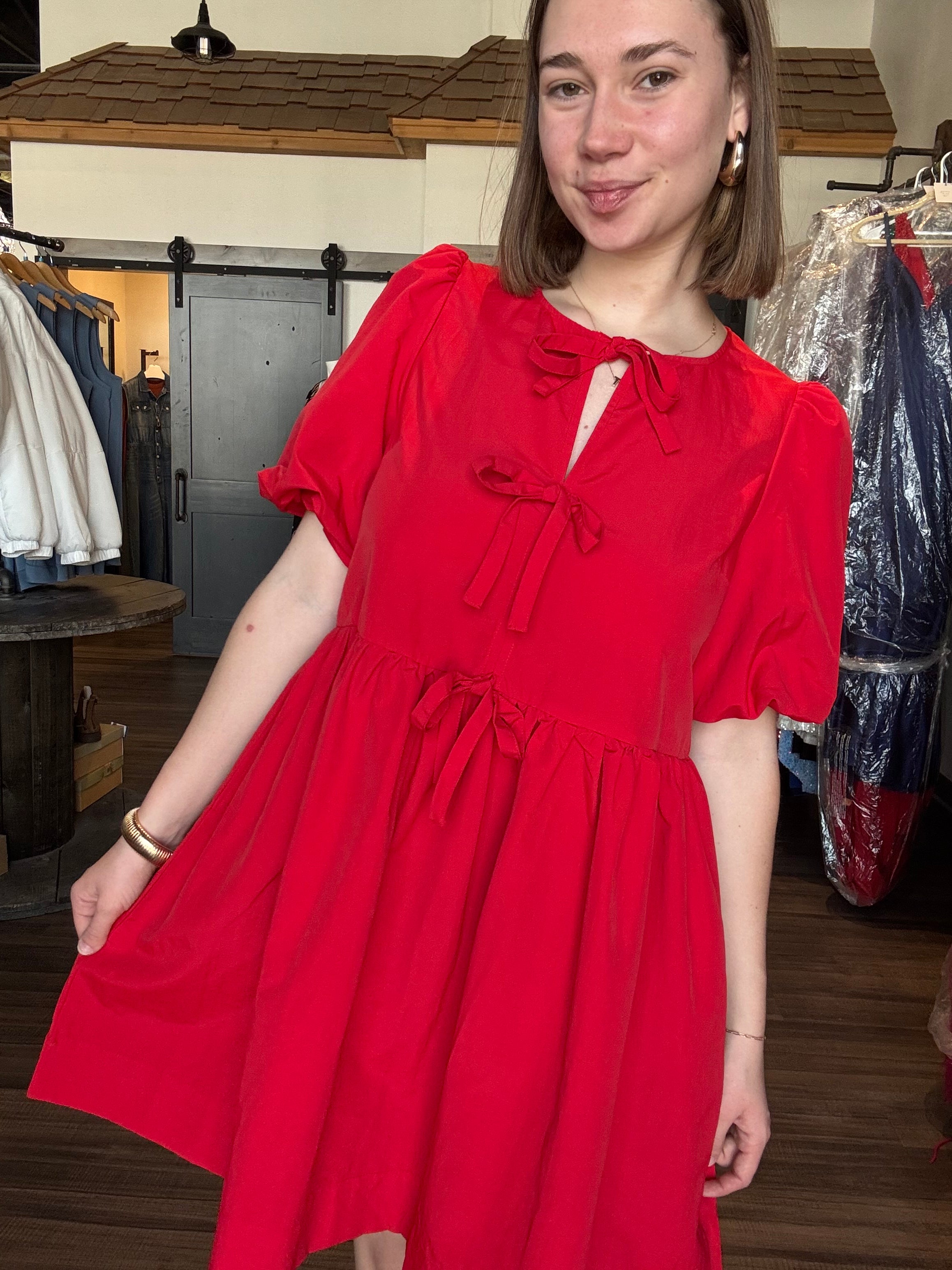 Penni Bow Tie Baby Doll Dress-The Funky Zebra Ames-The Funky Zebra Ames, Women's Fashion Boutique in Ames, Iowa