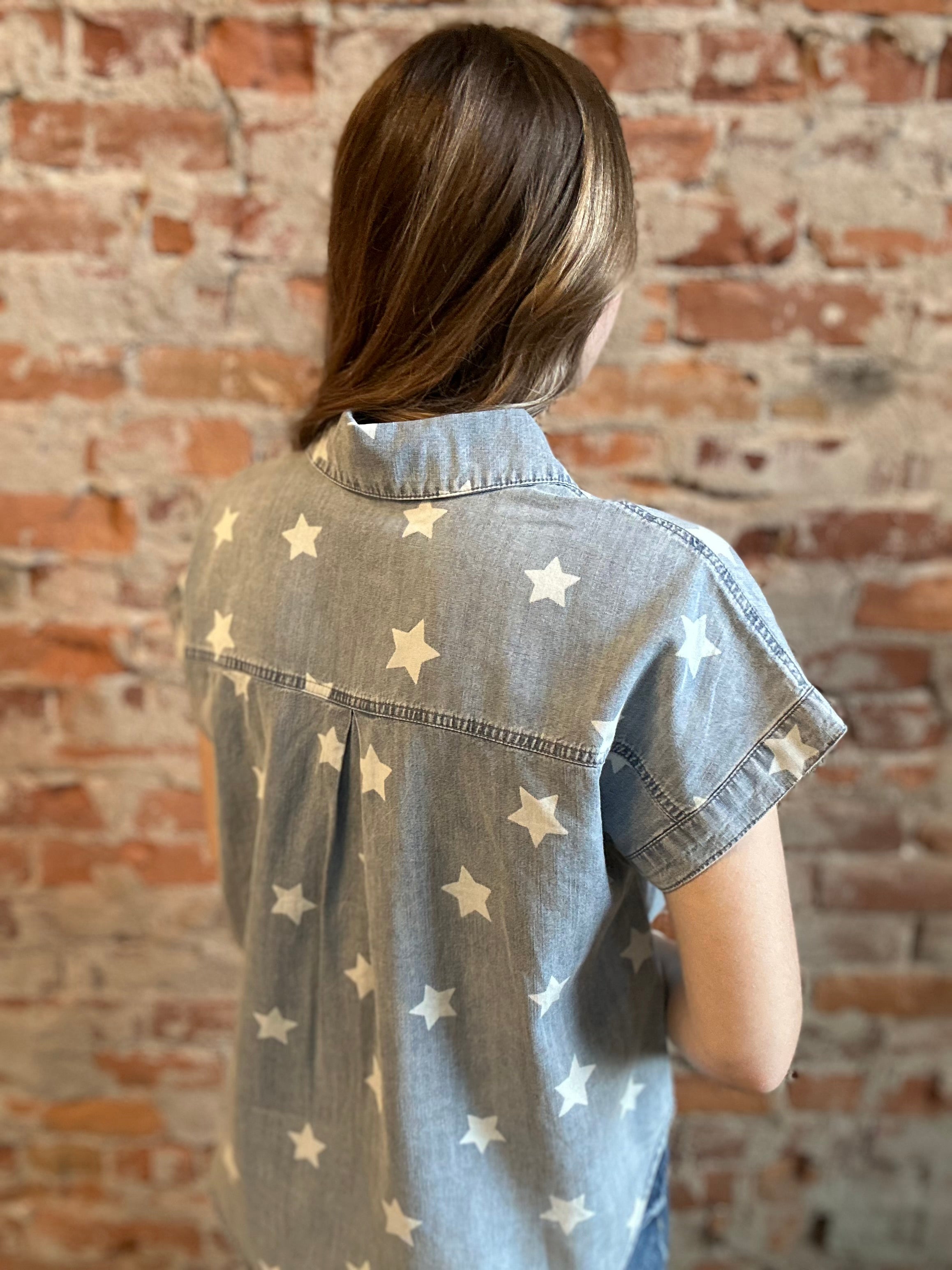 Georgia Washed Denim Star Top-Short Sleeves-Blu Pepper-The Funky Zebra Ames, Women's Fashion Boutique in Ames, Iowa