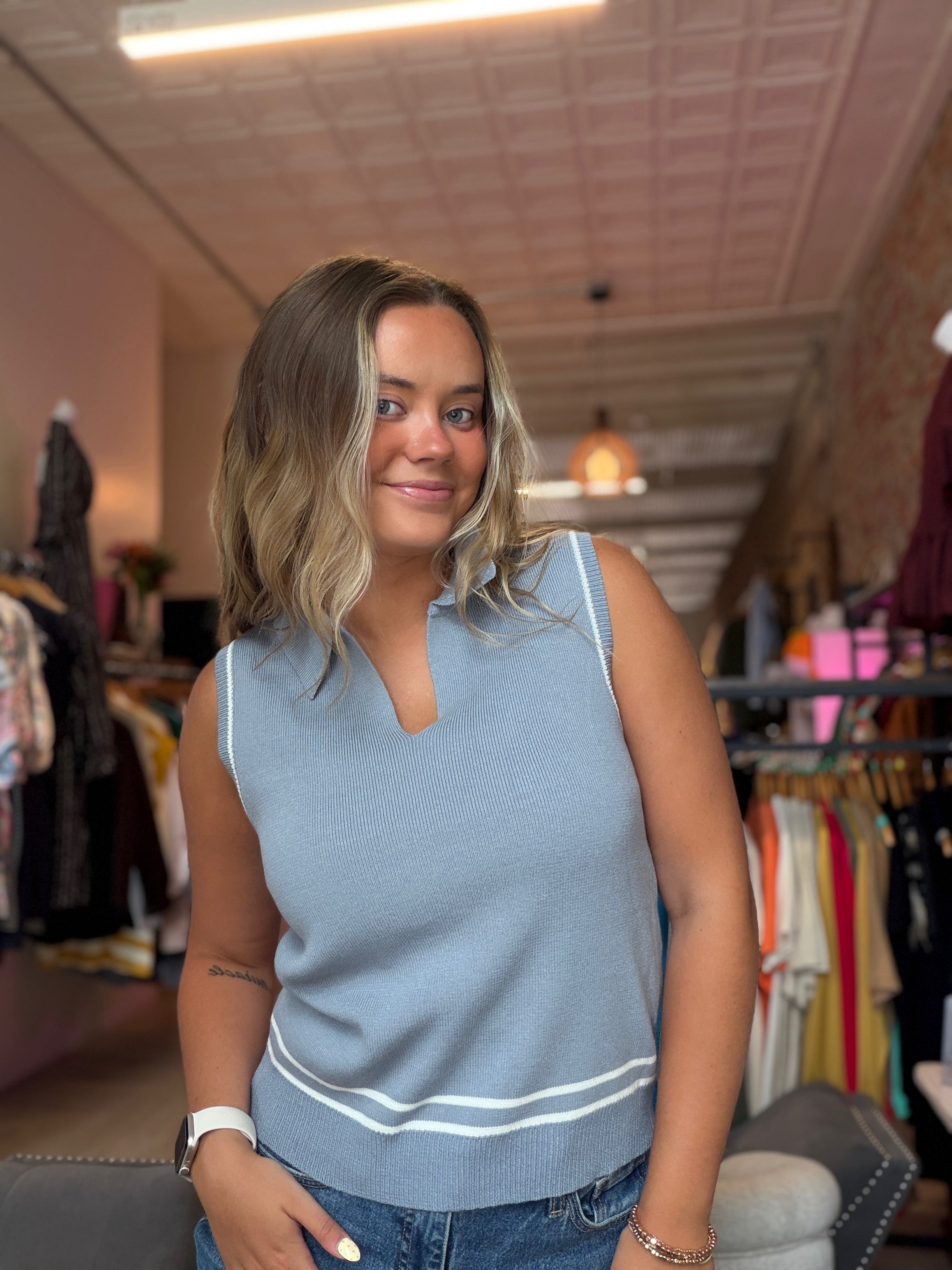 Maggie Blue Sleeveless Collar Sweater-The Funky Zebra Ames-The Funky Zebra Ames, Women's Fashion Boutique in Ames, Iowa