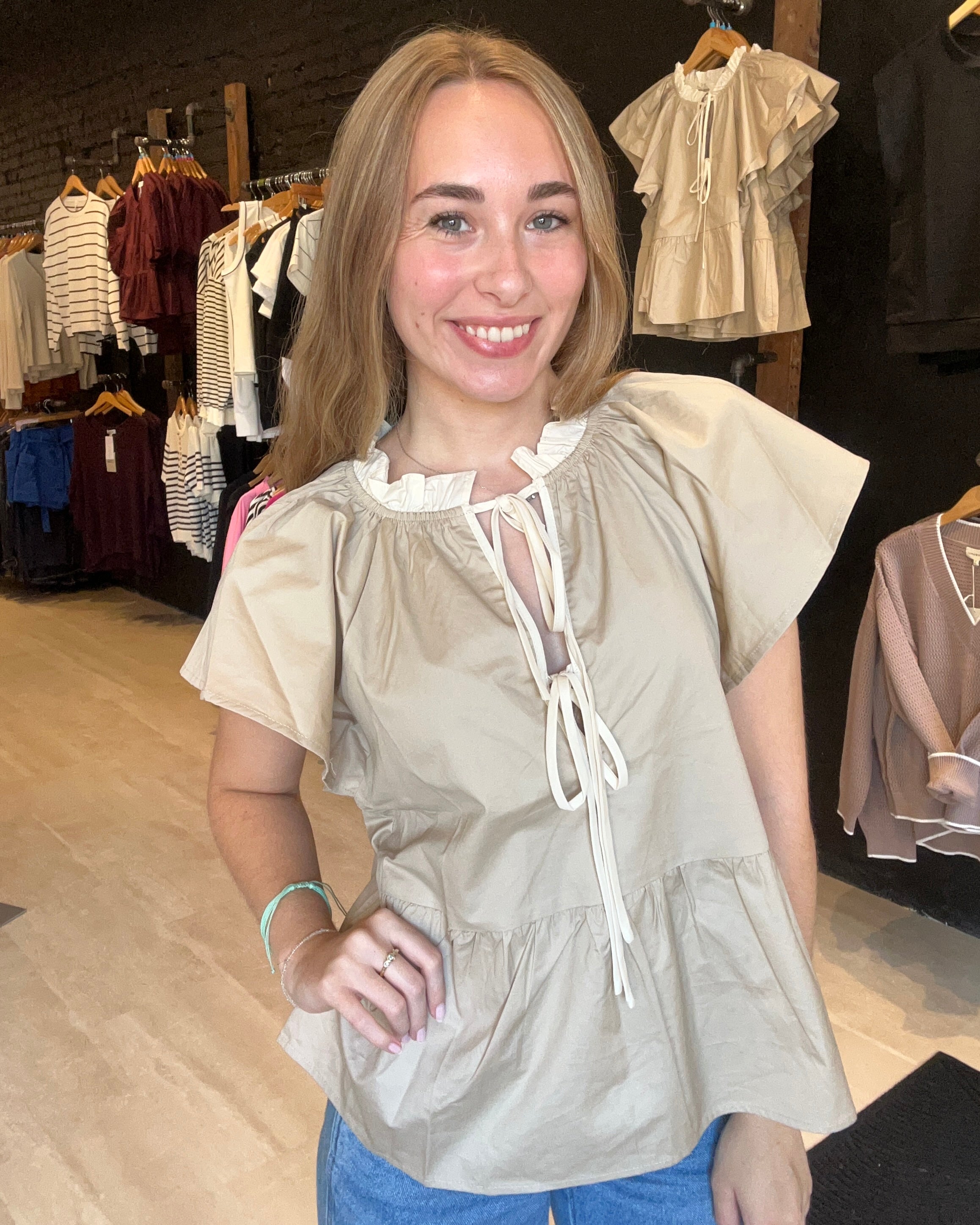 Myka Flutter Sleeve Top-Short Sleeves-Doe and Rae-The Funky Zebra Ames, Women's Fashion Boutique in Ames, Iowa