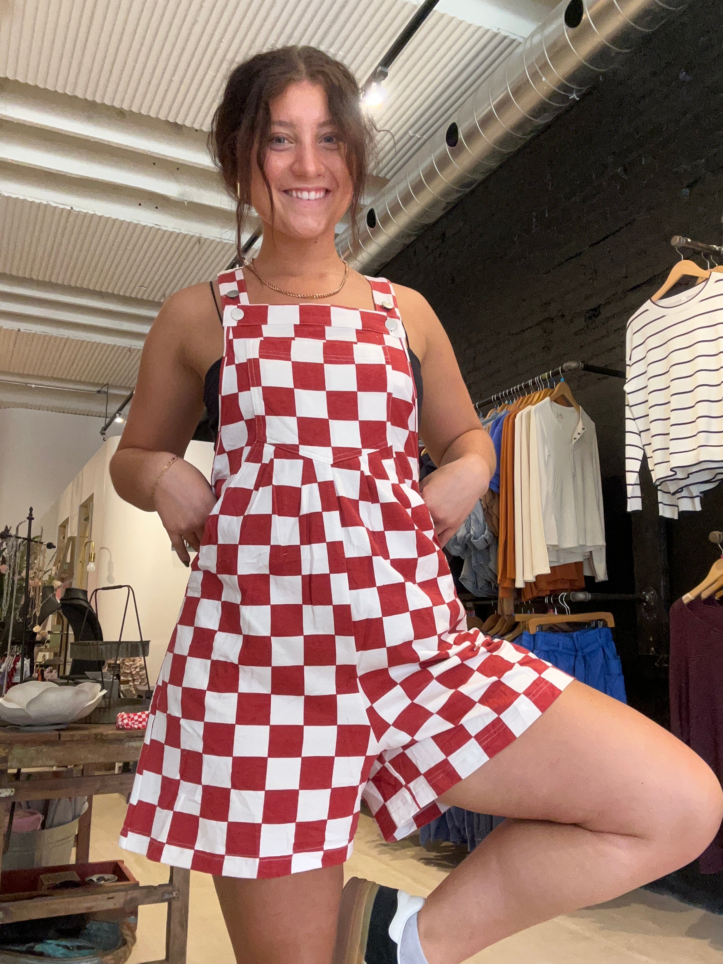 Lori Checkerboard Overall Romper-Overalls-Oddi-The Funky Zebra Ames, Women's Fashion Boutique in Ames, Iowa