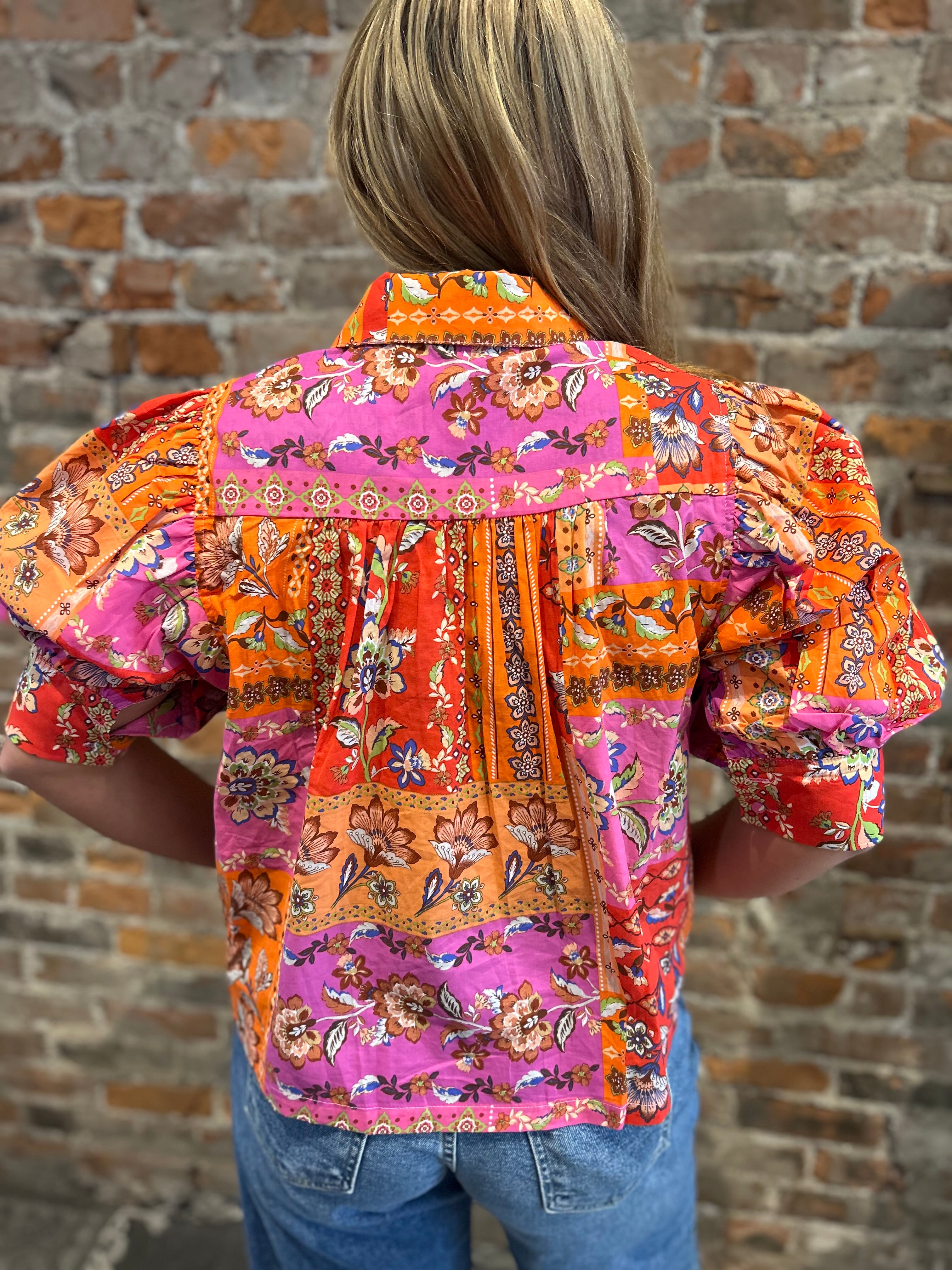 Rose Multi Print Blouse-The Funky Zebra Ames-The Funky Zebra Ames, Women's Fashion Boutique in Ames, Iowa