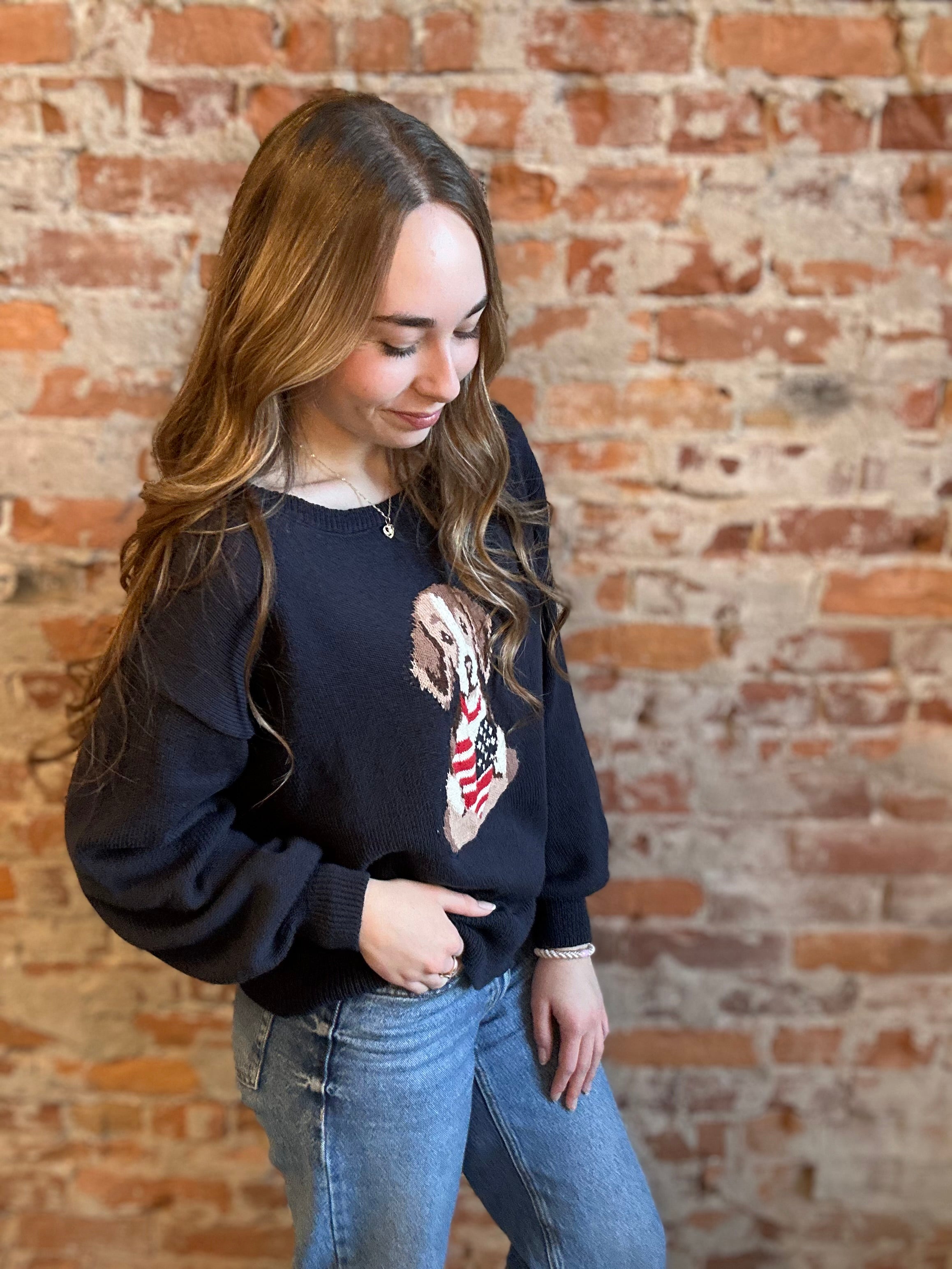 Raina American Heart Puppy Sweater-Sweaters-Blu Pepper-The Funky Zebra Ames, Women's Fashion Boutique in Ames, Iowa