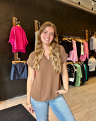 Tina Split Neck Blouse-Short Sleeves-Blu Pepper-The Funky Zebra Ames, Women's Fashion Boutique in Ames, Iowa