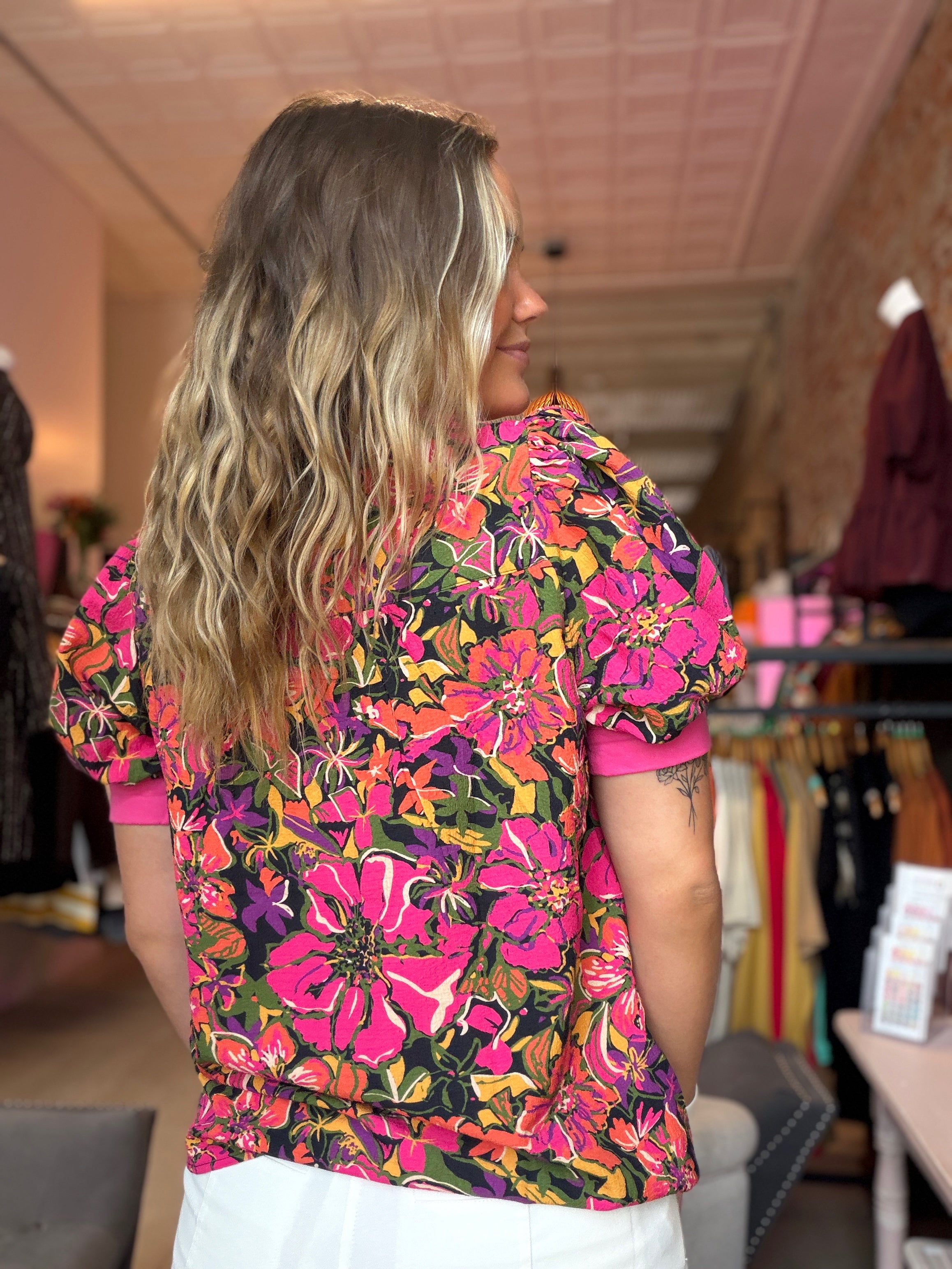 Penni Mandarin Neck Floral Printed Top-Short Sleeves-Staccato-The Funky Zebra Ames, Women's Fashion Boutique in Ames, Iowa