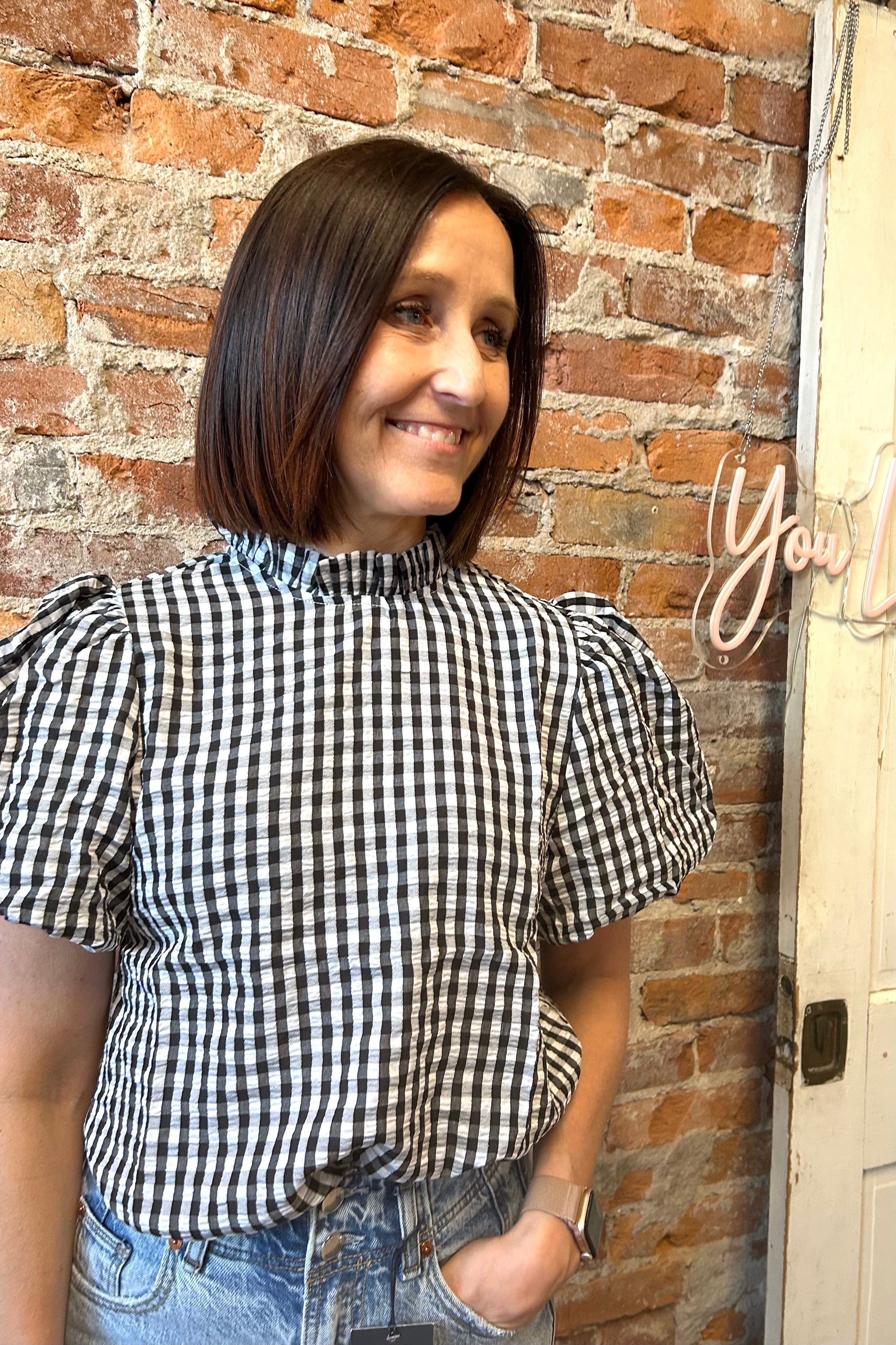 Torey Black Gingham Checked Top-top-La Miel-The Funky Zebra Ames, Women's Fashion Boutique in Ames, Iowa