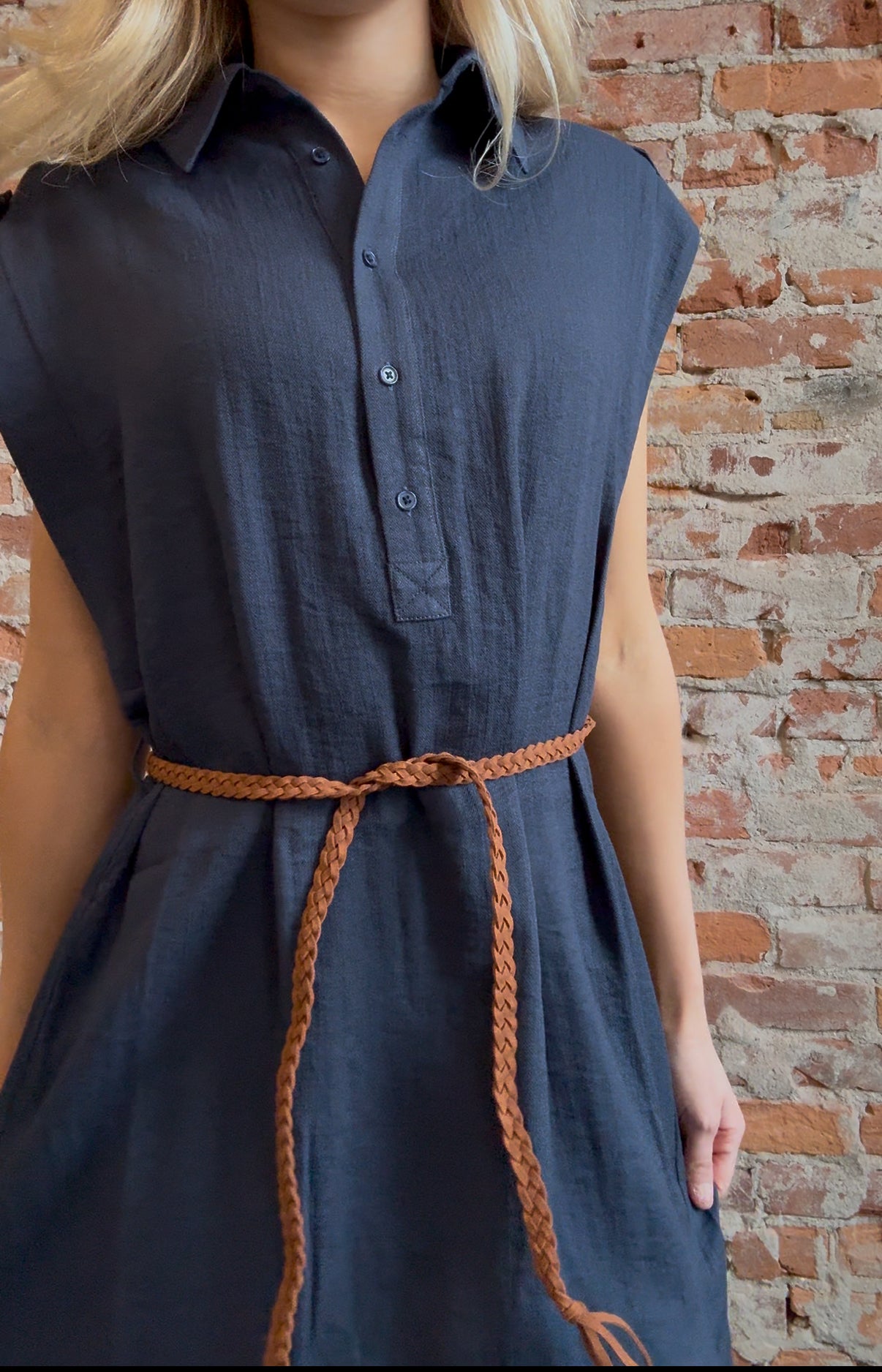 Carmen Navy Dress w/ Woven Belt-Dresses-Molly Bracken-The Funky Zebra Ames, Women's Fashion Boutique in Ames, Iowa