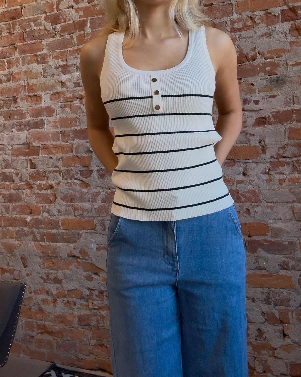 Bobbi Blue & White Striped Sweater Tank-Tank Tops-Molly Bracken-The Funky Zebra Ames, Women's Fashion Boutique in Ames, Iowa