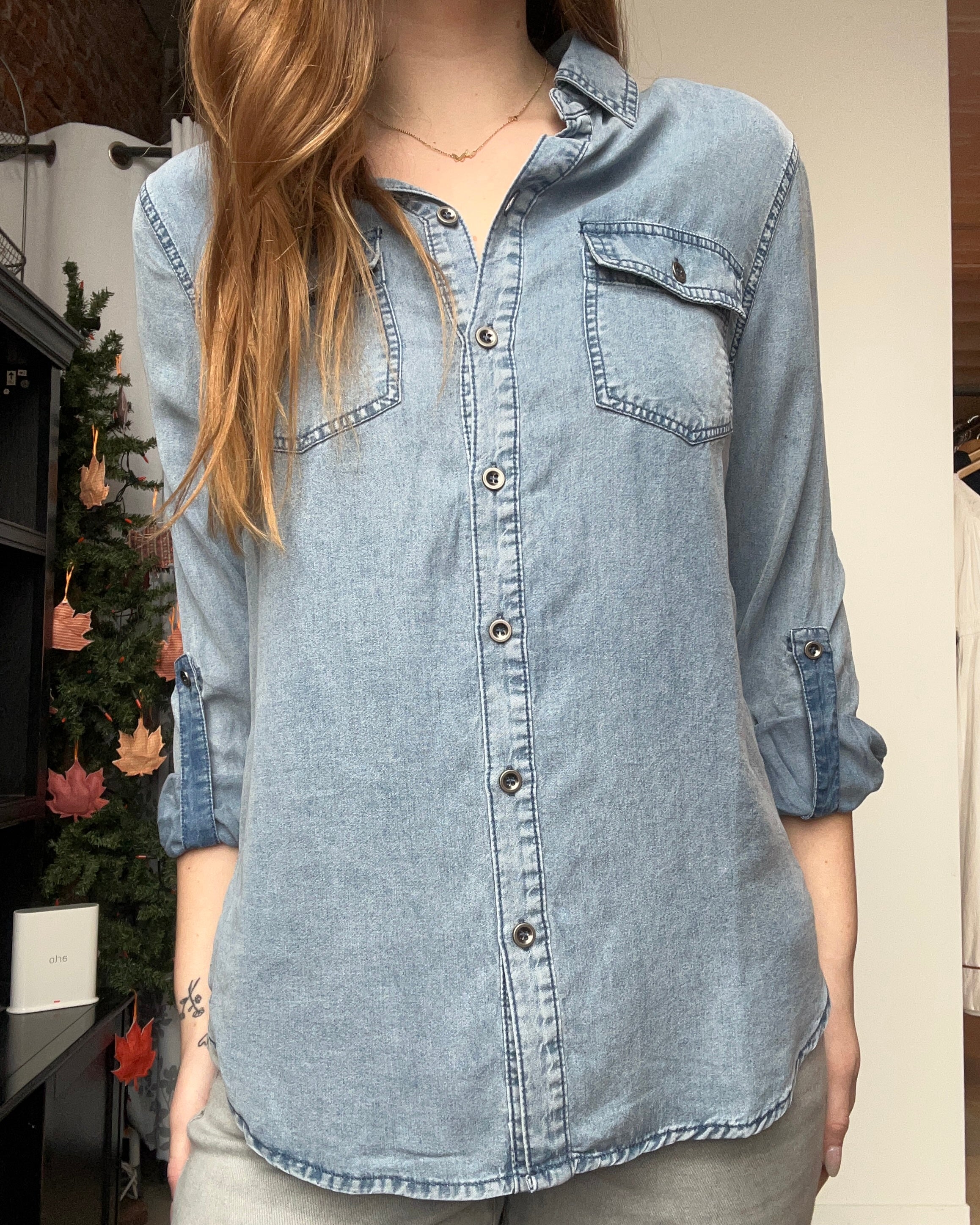 Chambray Button Down Shirt With Roll up Sleeve-Doe and Rae-The Funky Zebra Ames, Women's Fashion Boutique in Ames, Iowa