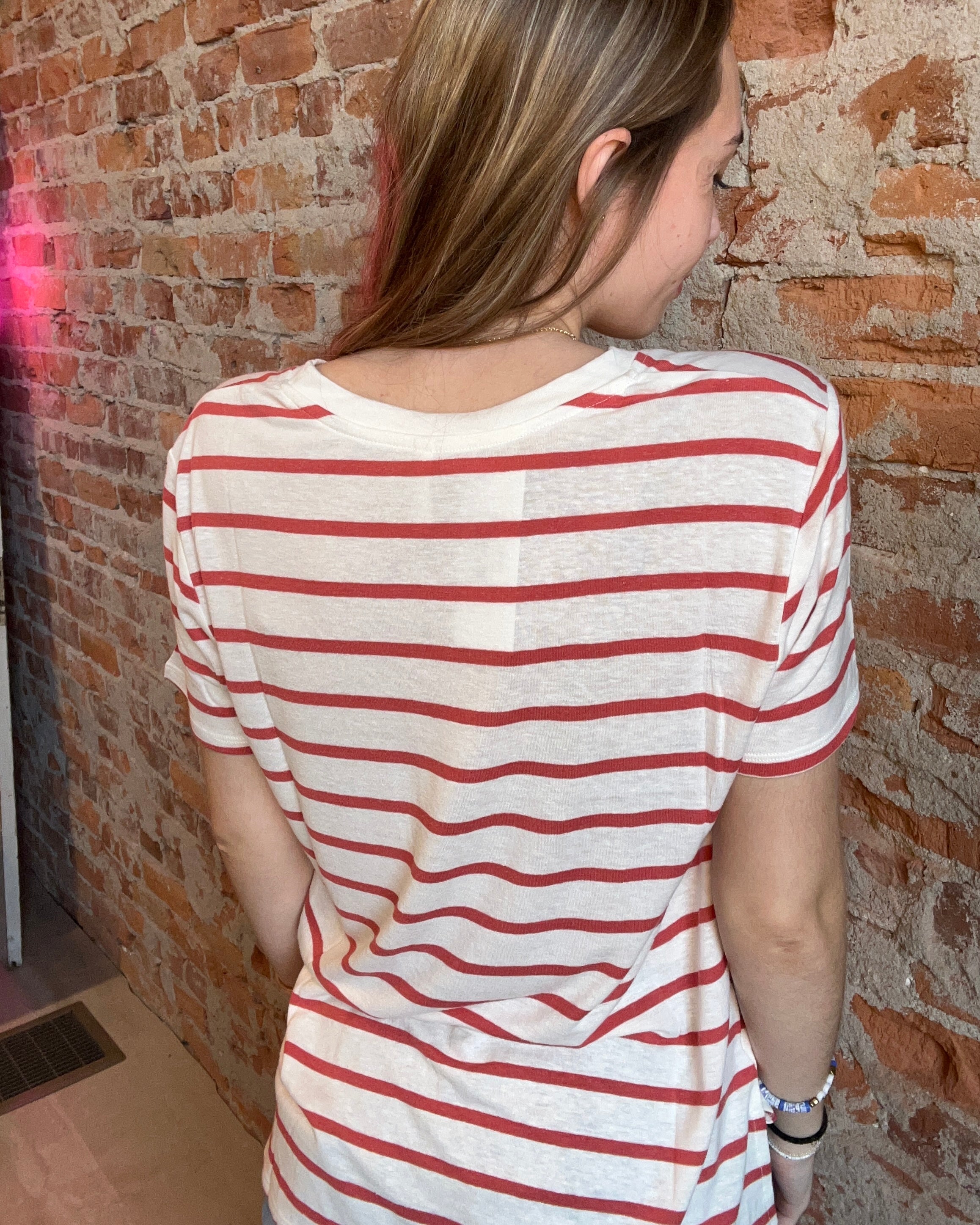 Shyla Striped V Neck Tee-Short Sleeves-Be Cool-The Funky Zebra Ames, Women's Fashion Boutique in Ames, Iowa