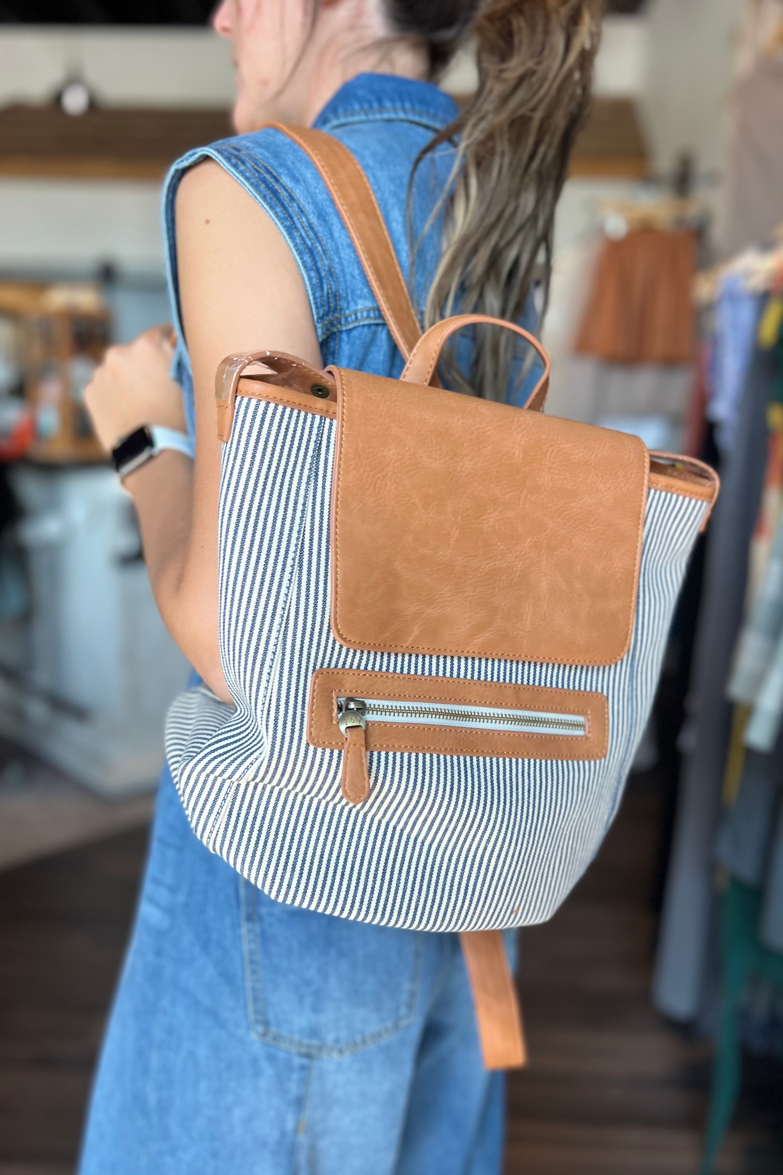 Denim Pinstripe Backpack-Joy Susan-The Funky Zebra Ames, Women's Fashion Boutique in Ames, Iowa