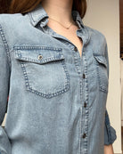 Chambray Button Down Shirt With Roll up Sleeve-Doe and Rae-The Funky Zebra Ames, Women's Fashion Boutique in Ames, Iowa