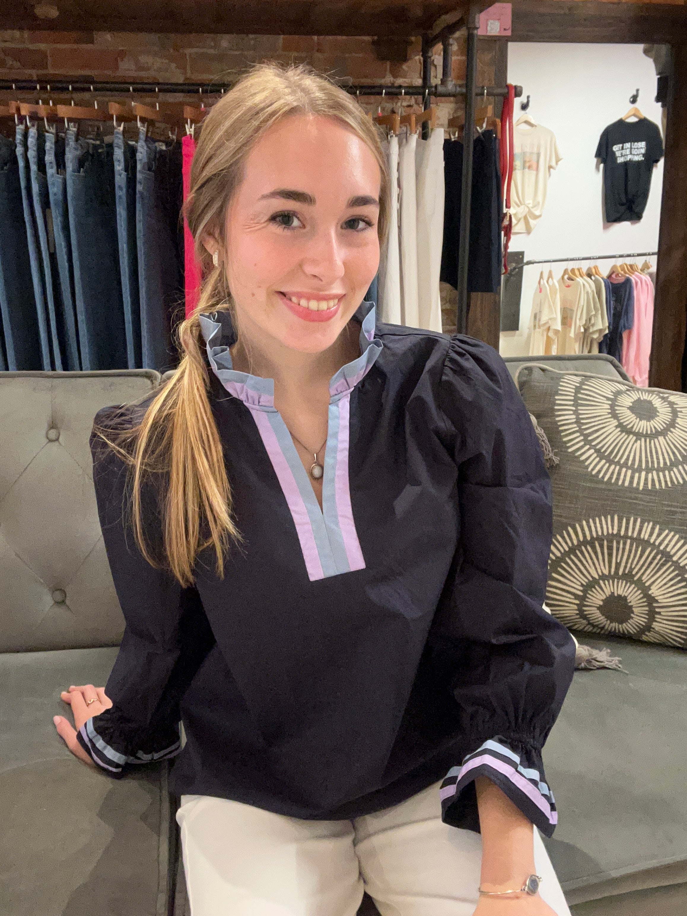 Theron Navy Color Contrast Top-Long Sleeves-Jodifl-The Funky Zebra Ames, Women's Fashion Boutique in Ames, Iowa
