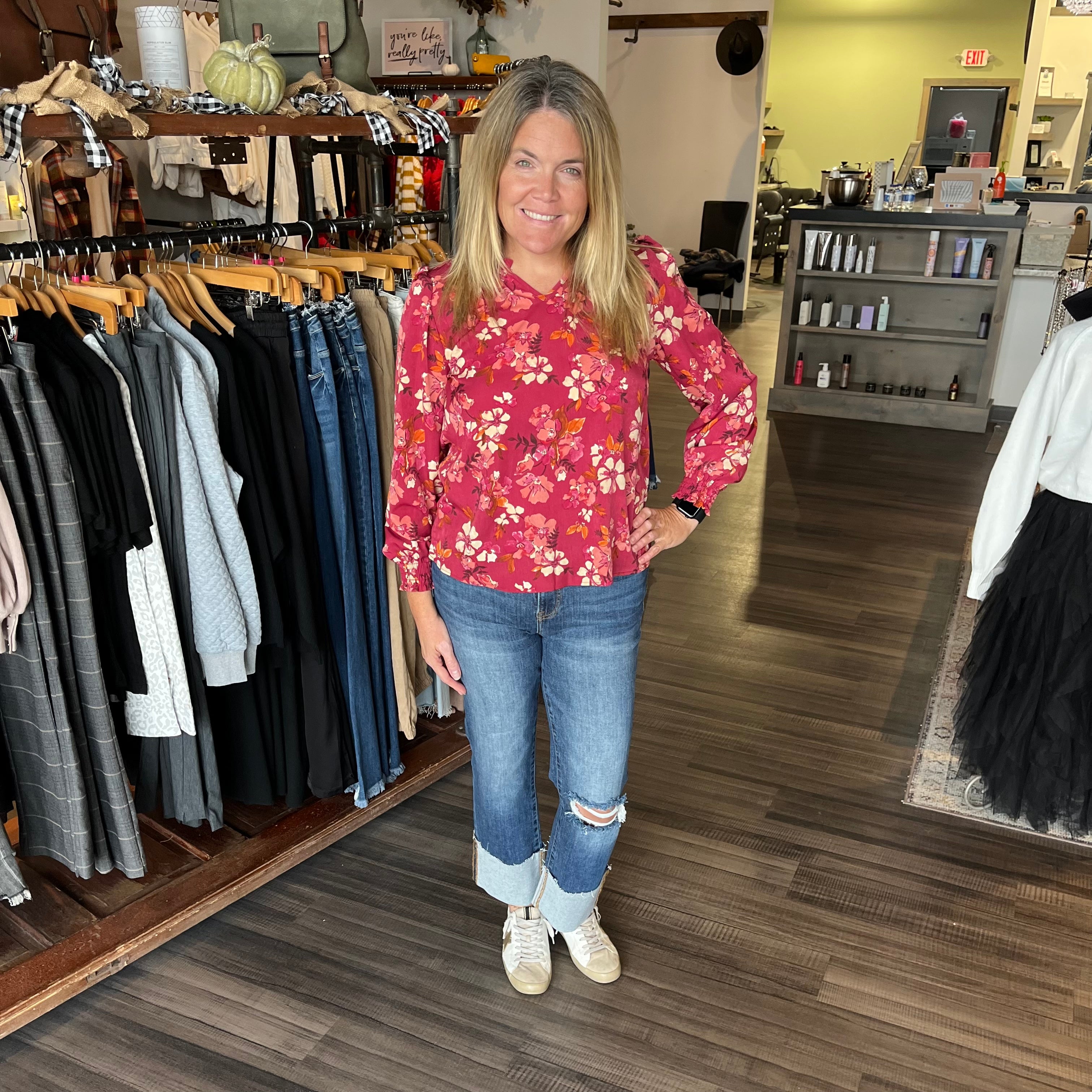 Ashley Floral Top - Burgundy-Long Sleeves-The Funky Zebra Ames-The Funky Zebra Ames, Women's Fashion Boutique in Ames, Iowa