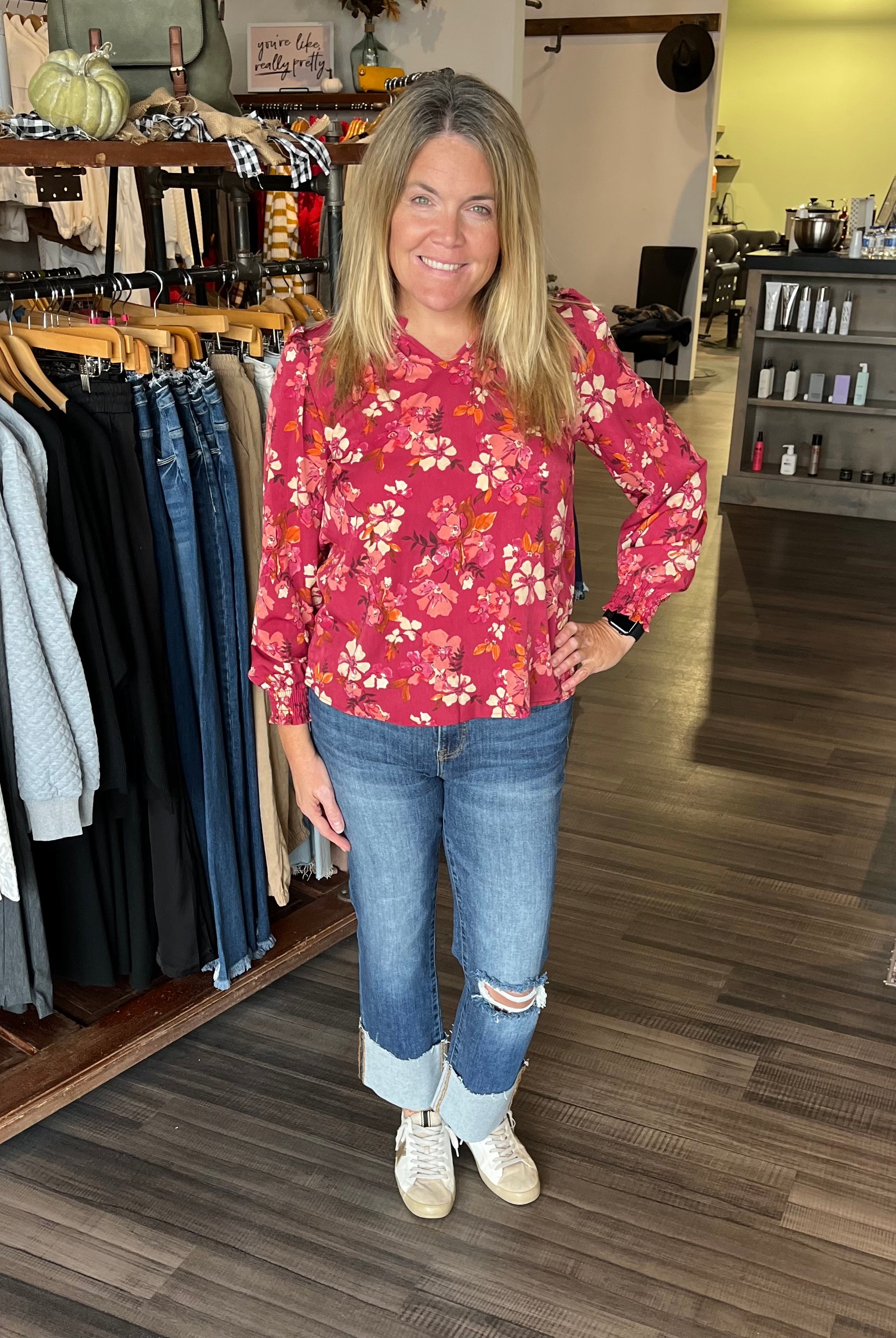 Ashley Floral Top - Burgundy-Long Sleeves-The Funky Zebra Ames-The Funky Zebra Ames, Women's Fashion Boutique in Ames, Iowa