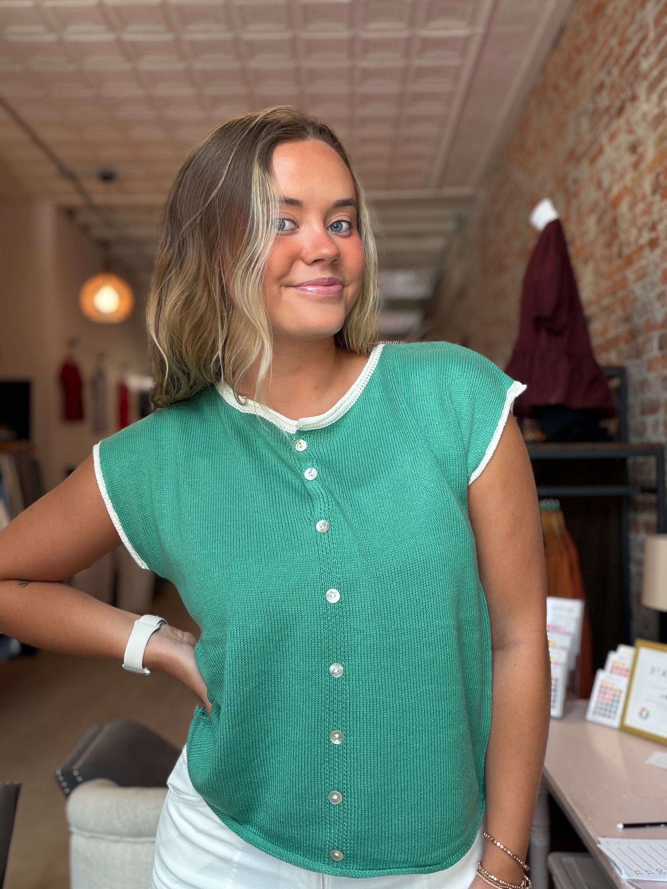 Sarah Center Button Detailed Sweater-top-Staccato-The Funky Zebra Ames, Women's Fashion Boutique in Ames, Iowa