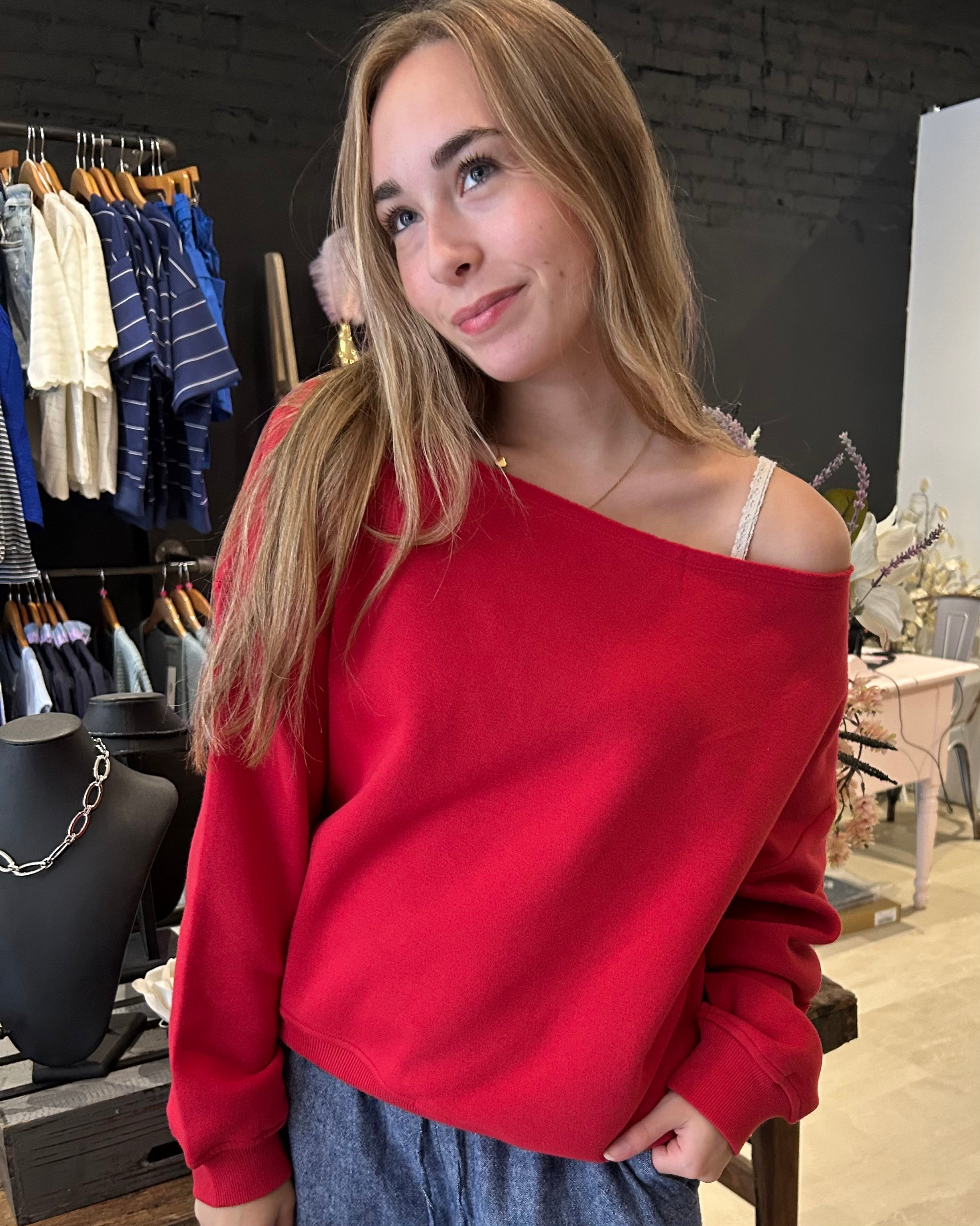 Kyla Off Shoulder Red Top-Long Sleeves-Rae Mode-The Funky Zebra Ames, Women's Fashion Boutique in Ames, Iowa
