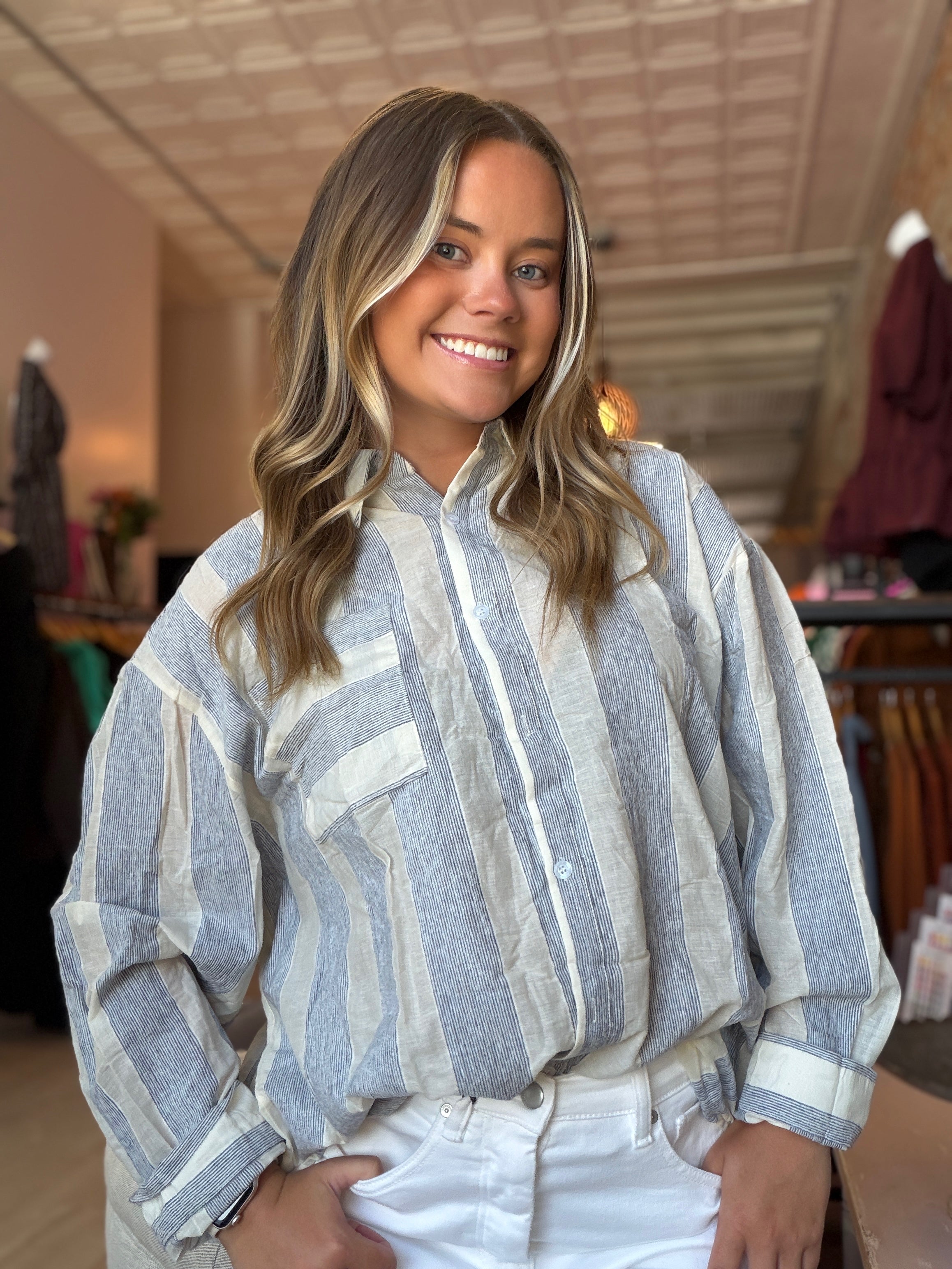 Brenna Mixed Stripe Button Up Top-top-Hayden-The Funky Zebra Ames, Women's Fashion Boutique in Ames, Iowa