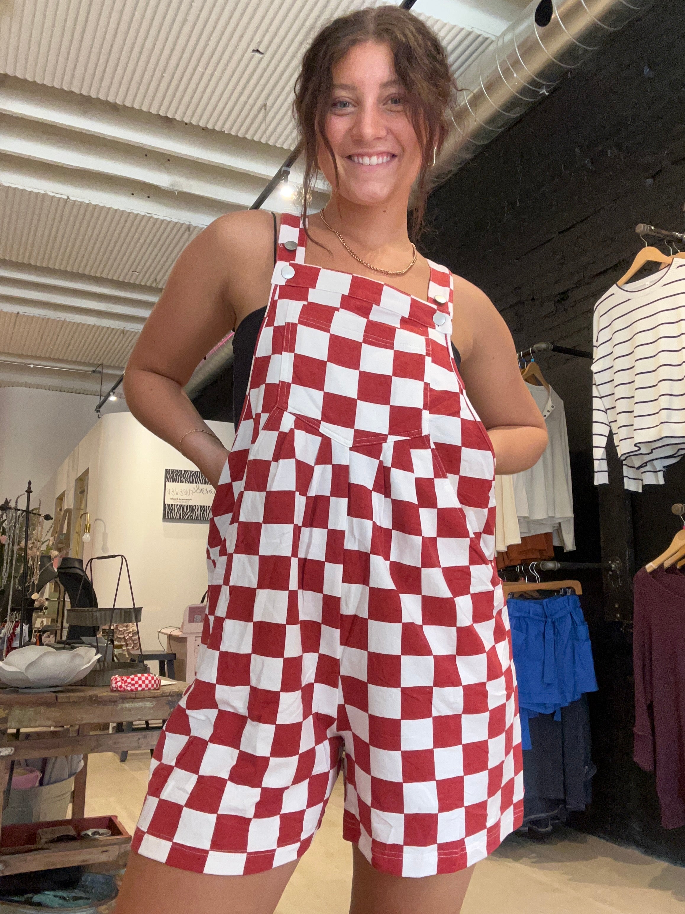 Lori Checkerboard Overall Romper-Overalls-Oddi-The Funky Zebra Ames, Women's Fashion Boutique in Ames, Iowa
