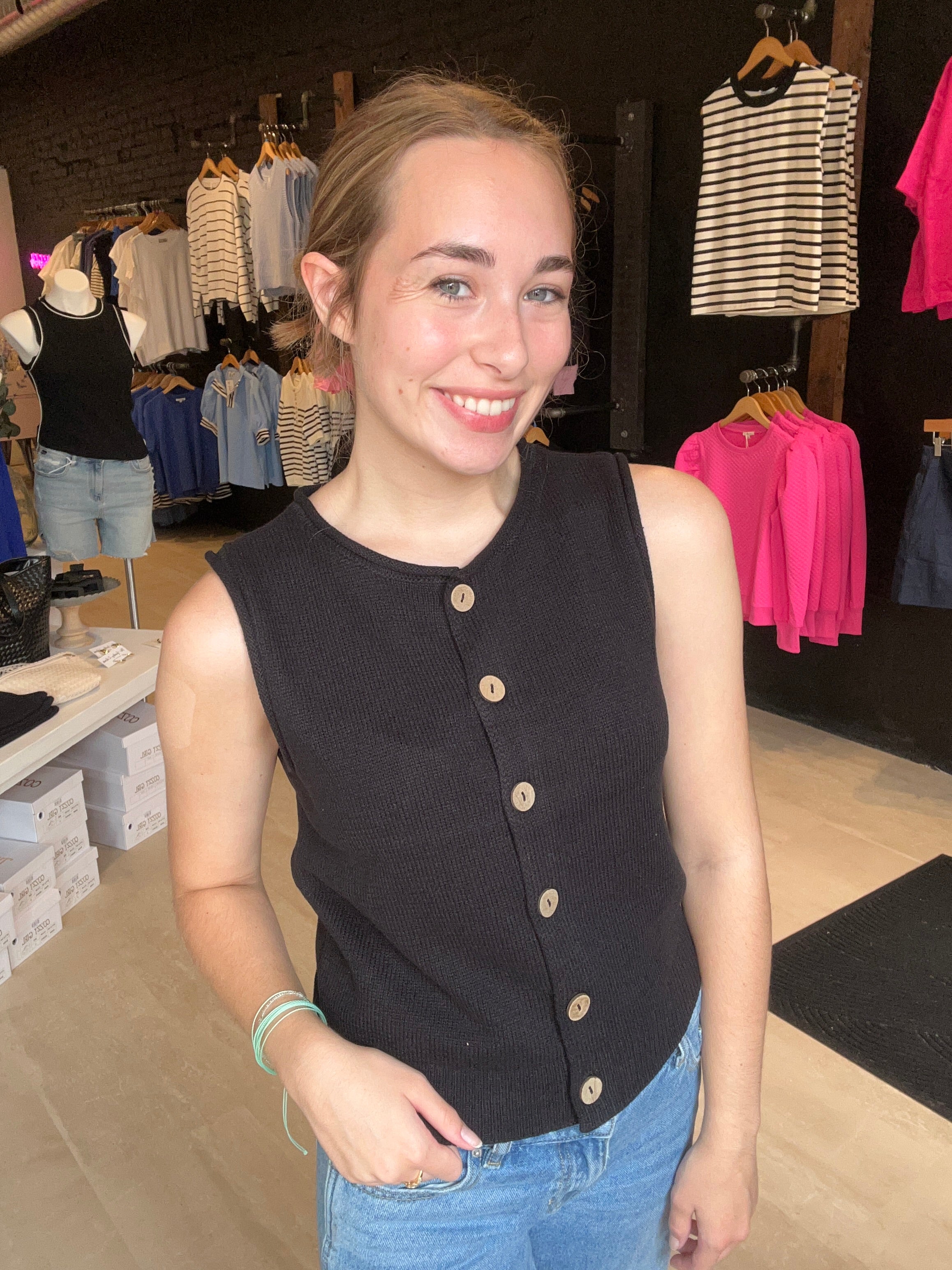 Vic Button Down Sleeveless Cardigan-Cardigans-Blu Pepper-The Funky Zebra Ames, Women's Fashion Boutique in Ames, Iowa