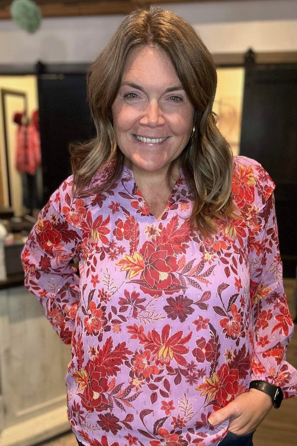 Ginny Plum Floral Blouse-Long Sleeves-Skies Are Blue-The Funky Zebra Ames, Women's Fashion Boutique in Ames, Iowa