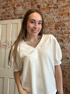 Maya Solid Puff Sleeve V Neck-Jodifl-The Funky Zebra Ames, Women's Fashion Boutique in Ames, Iowa