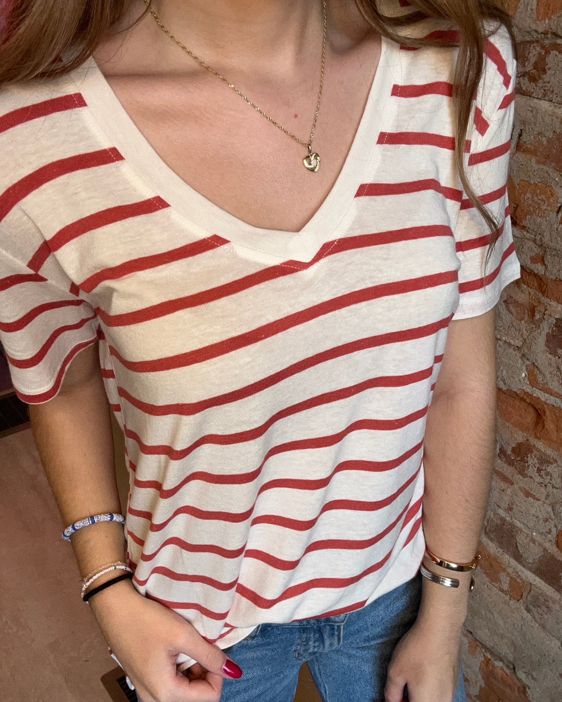 Shyla Striped V Neck Tee-Short Sleeves-Be Cool-The Funky Zebra Ames, Women's Fashion Boutique in Ames, Iowa