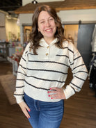 Kristen Stripe Shawl Sweater-Blu Pepper-The Funky Zebra Ames, Women's Fashion Boutique in Ames, Iowa