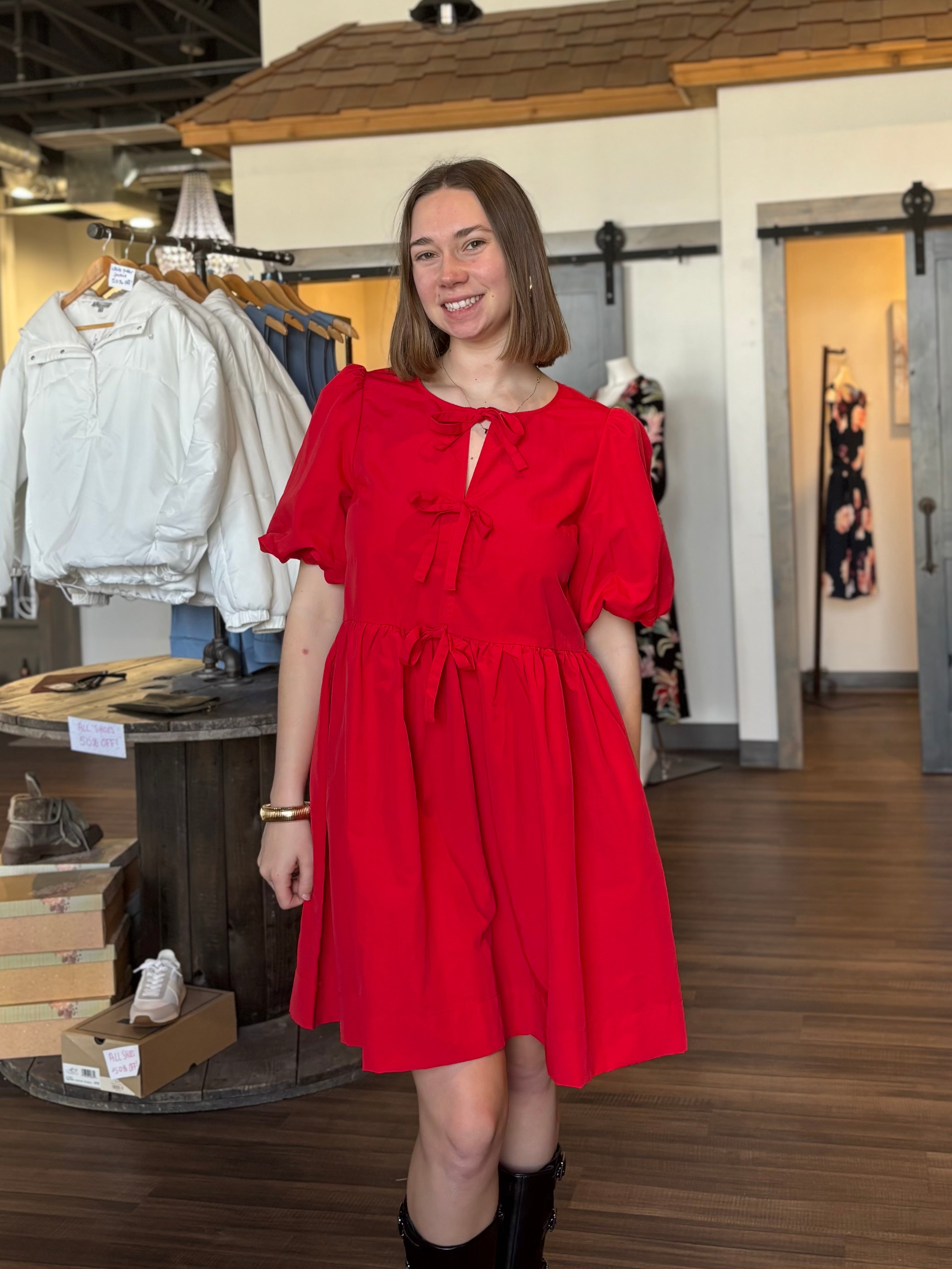 Penni Bow Tie Baby Doll Dress-The Funky Zebra Ames-The Funky Zebra Ames, Women's Fashion Boutique in Ames, Iowa