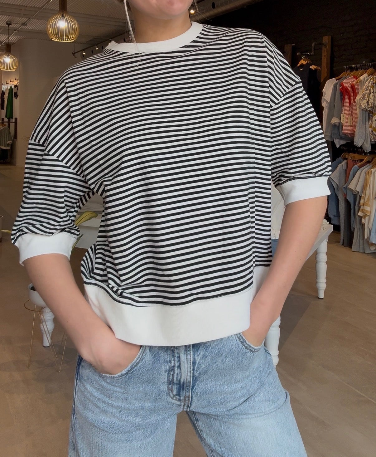 Jerra Striped Contrast Band Top 3/4 Sleeve-Zenana-The Funky Zebra Ames, Women's Fashion Boutique in Ames, Iowa