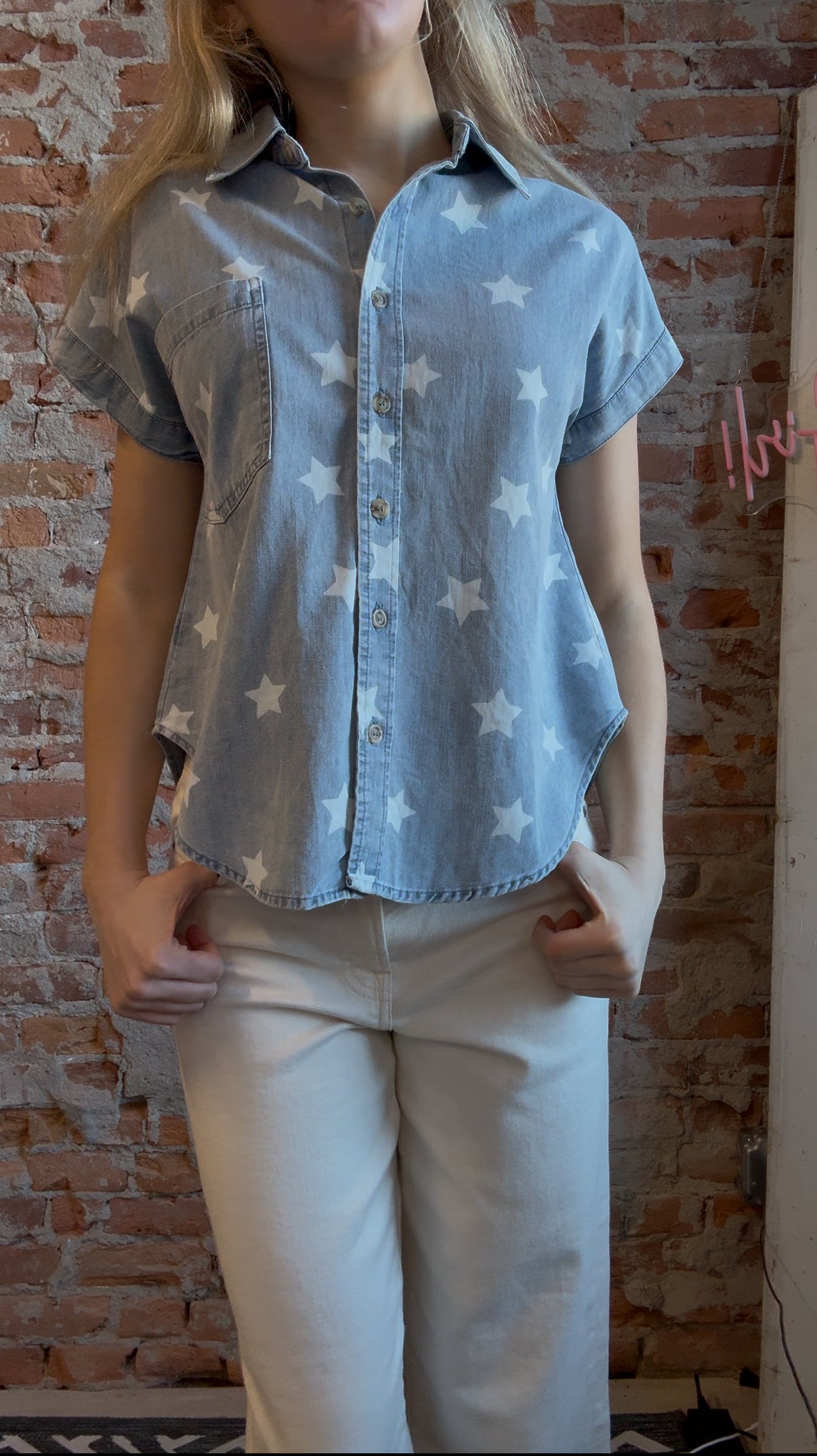 Georgia Washed Denim Star Top-Short Sleeves-Blu Pepper-The Funky Zebra Ames, Women's Fashion Boutique in Ames, Iowa