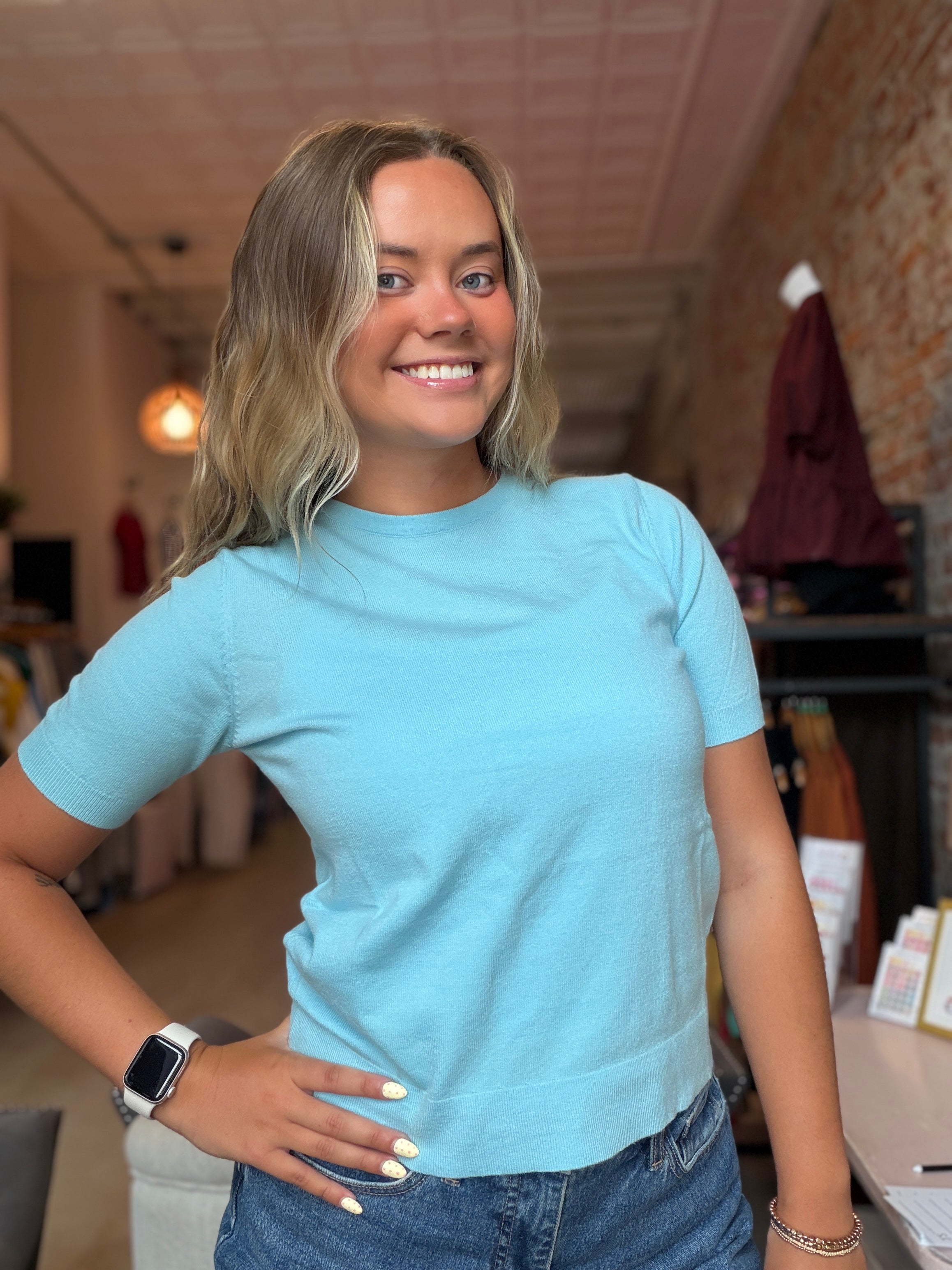 Anna Knitted Puff Sleeve Top-Short Sleeves-La Miel-The Funky Zebra Ames, Women's Fashion Boutique in Ames, Iowa