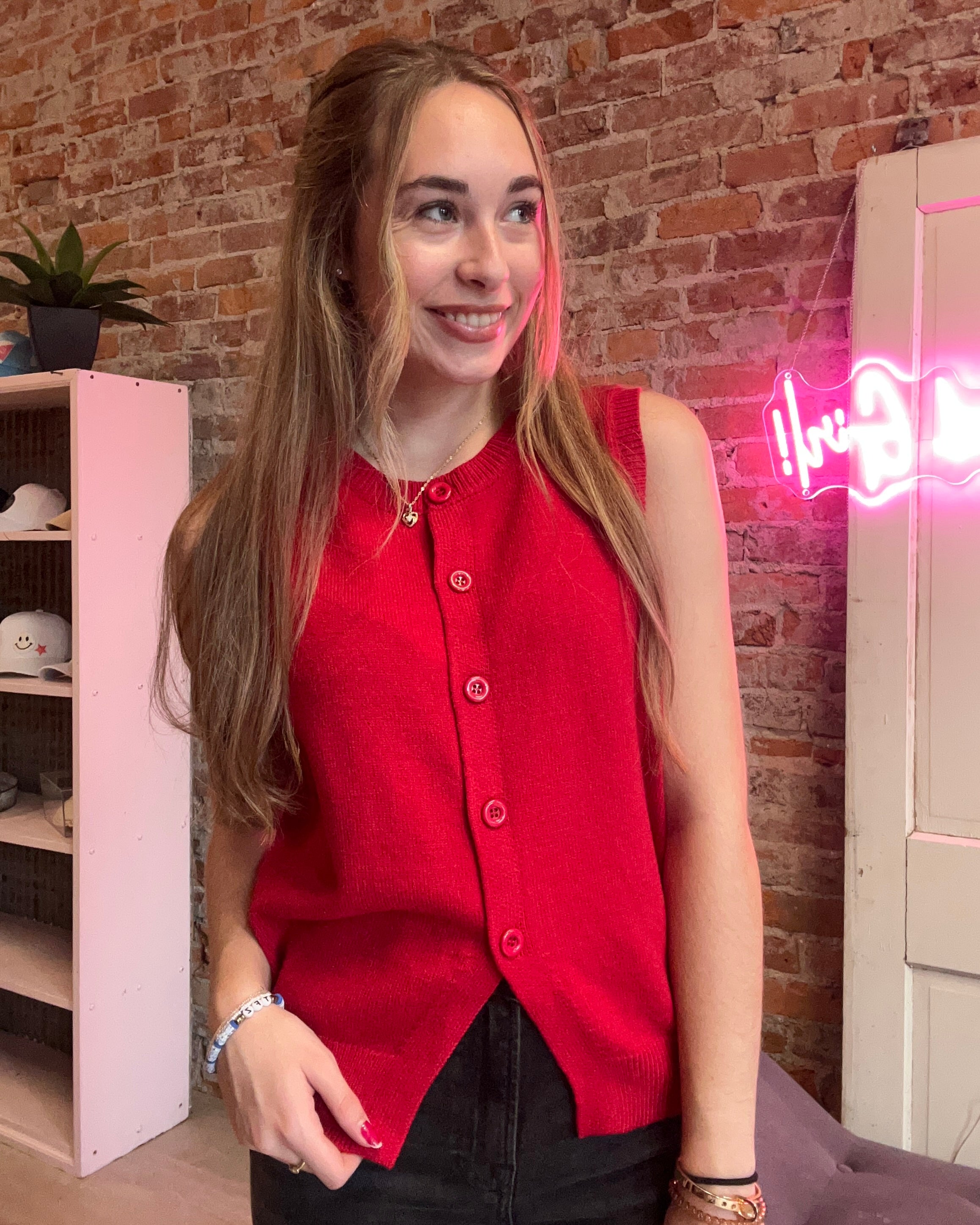 Caroline Red Sleeveless Sweater-Sweaters-Gilli-The Funky Zebra Ames, Women's Fashion Boutique in Ames, Iowa