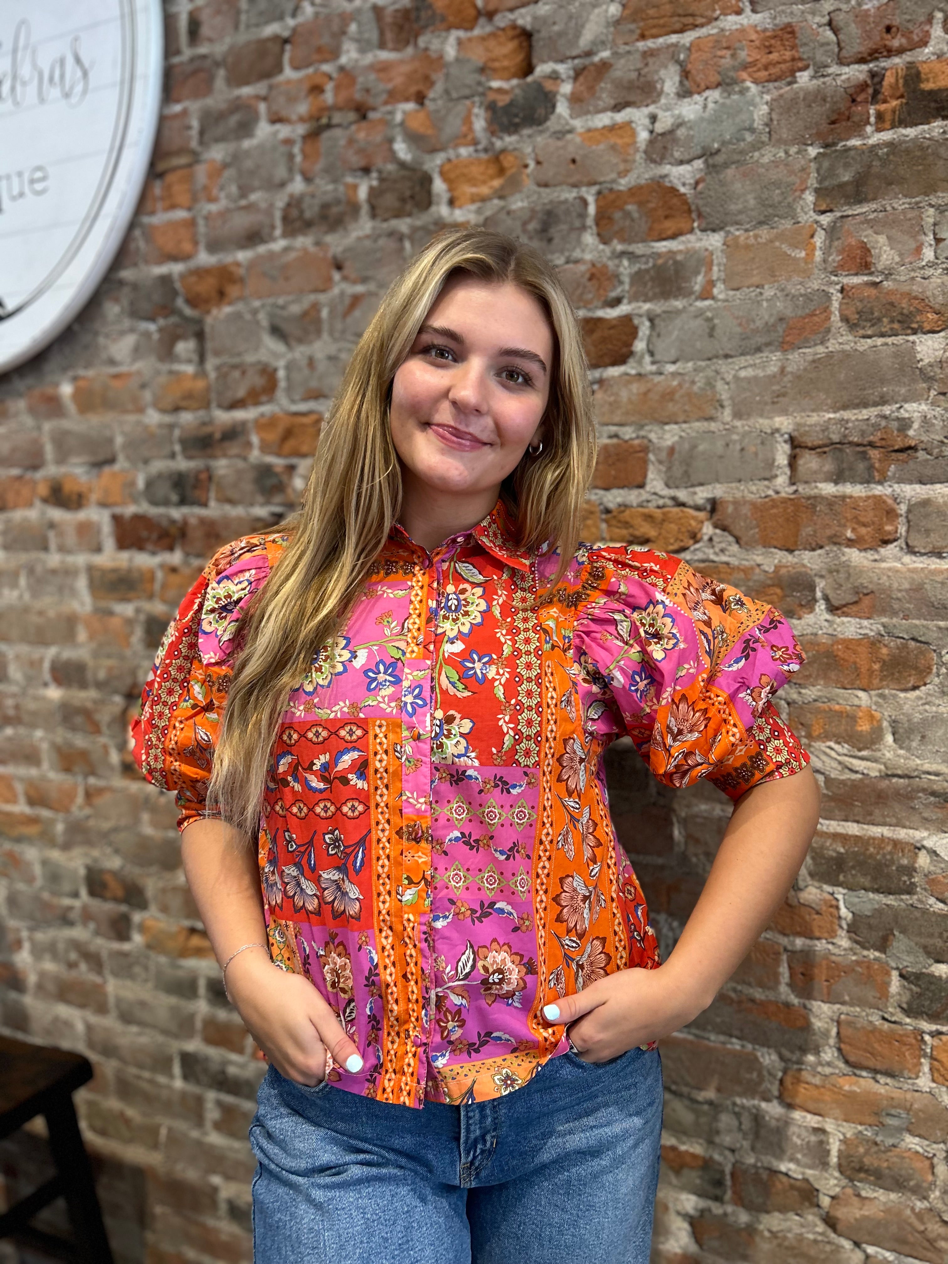 Rose Multi Print Blouse-The Funky Zebra Ames-The Funky Zebra Ames, Women's Fashion Boutique in Ames, Iowa