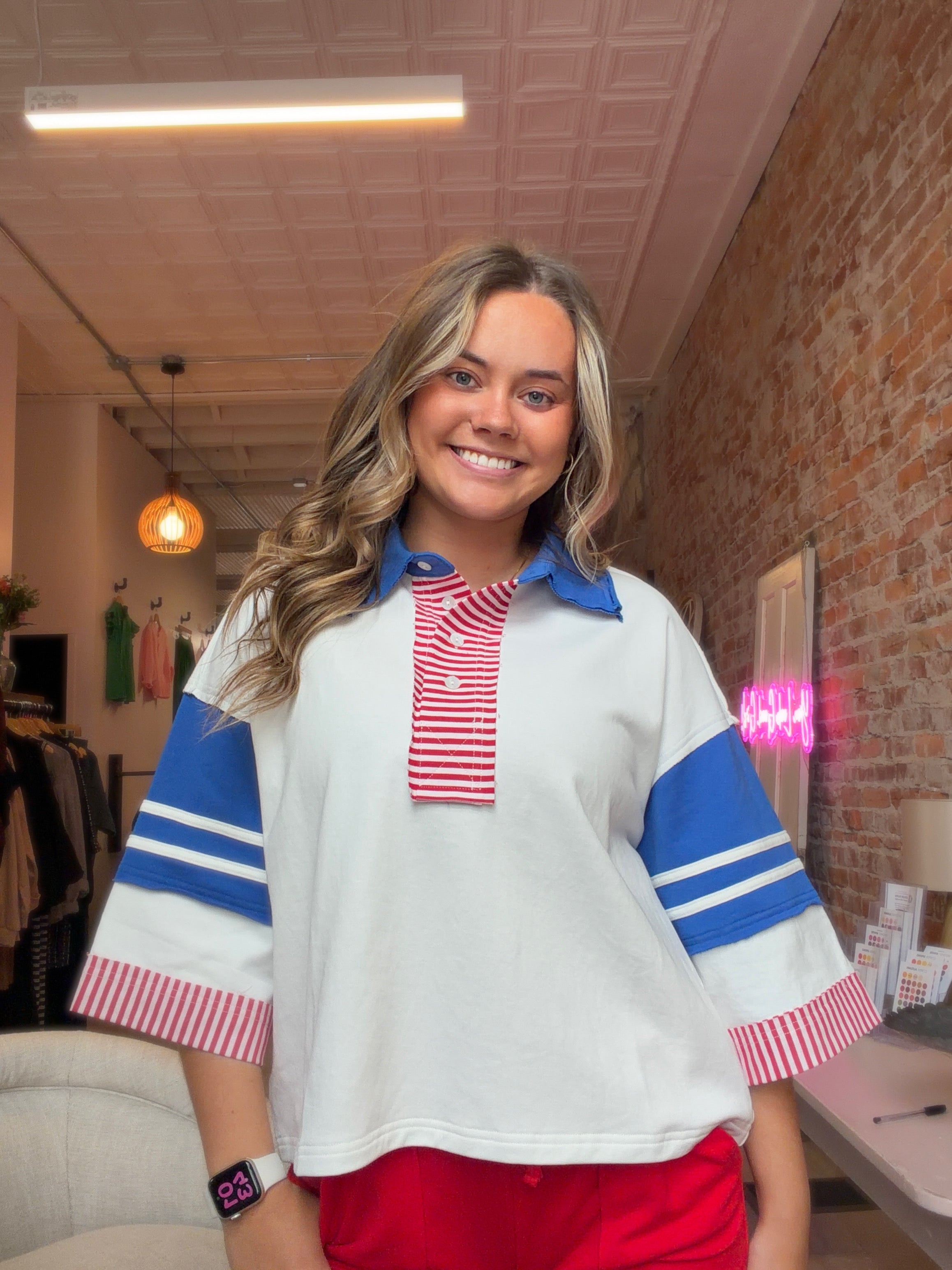 Patriotic Color Blocked Polo Shirt-Jodifl-The Funky Zebra Ames, Women's Fashion Boutique in Ames, Iowa