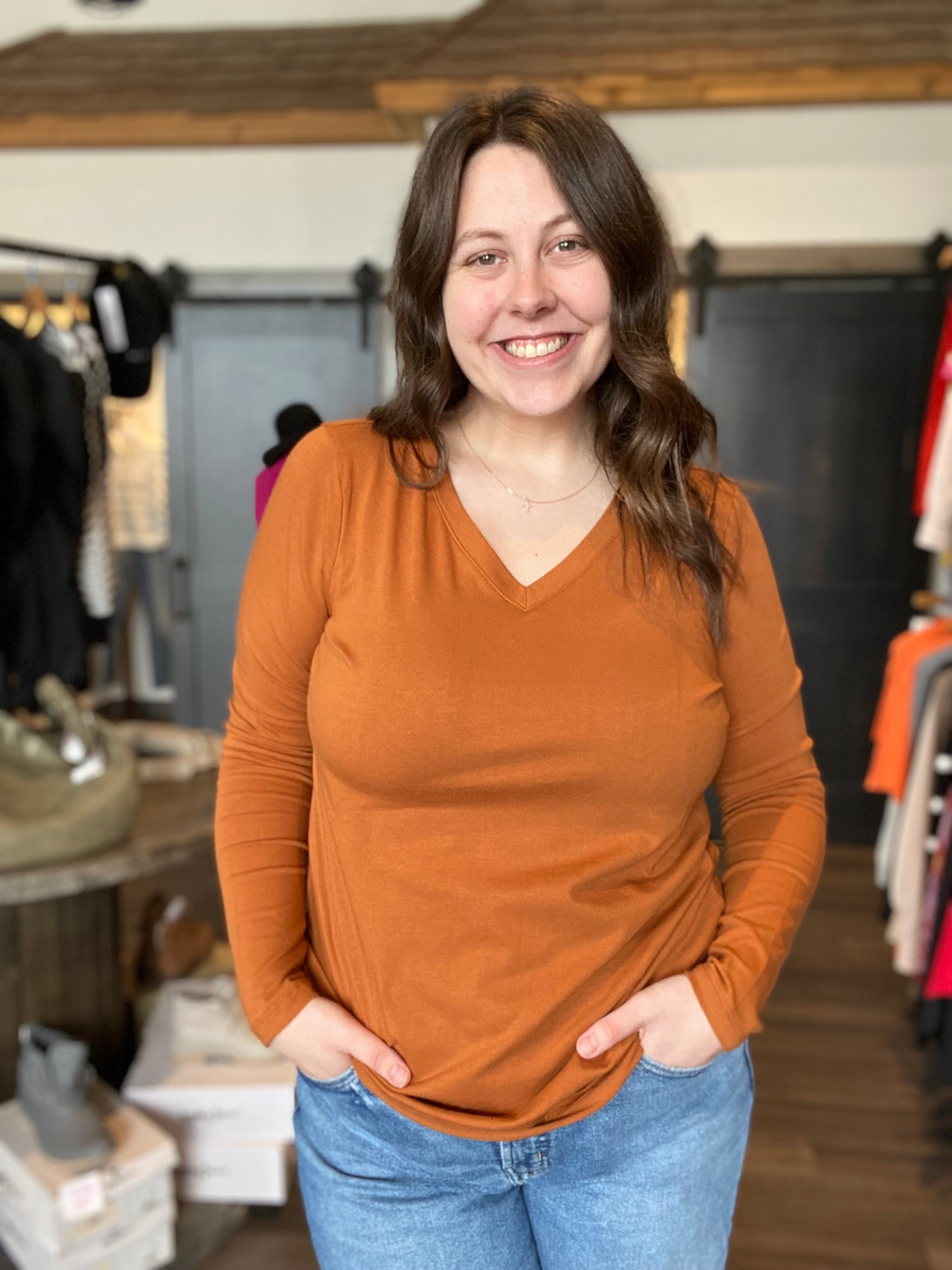 Naomi Cotton Long Sleeve V-Neck CL-The Funky Zebra Ames-The Funky Zebra Ames, Women's Fashion Boutique in Ames, Iowa