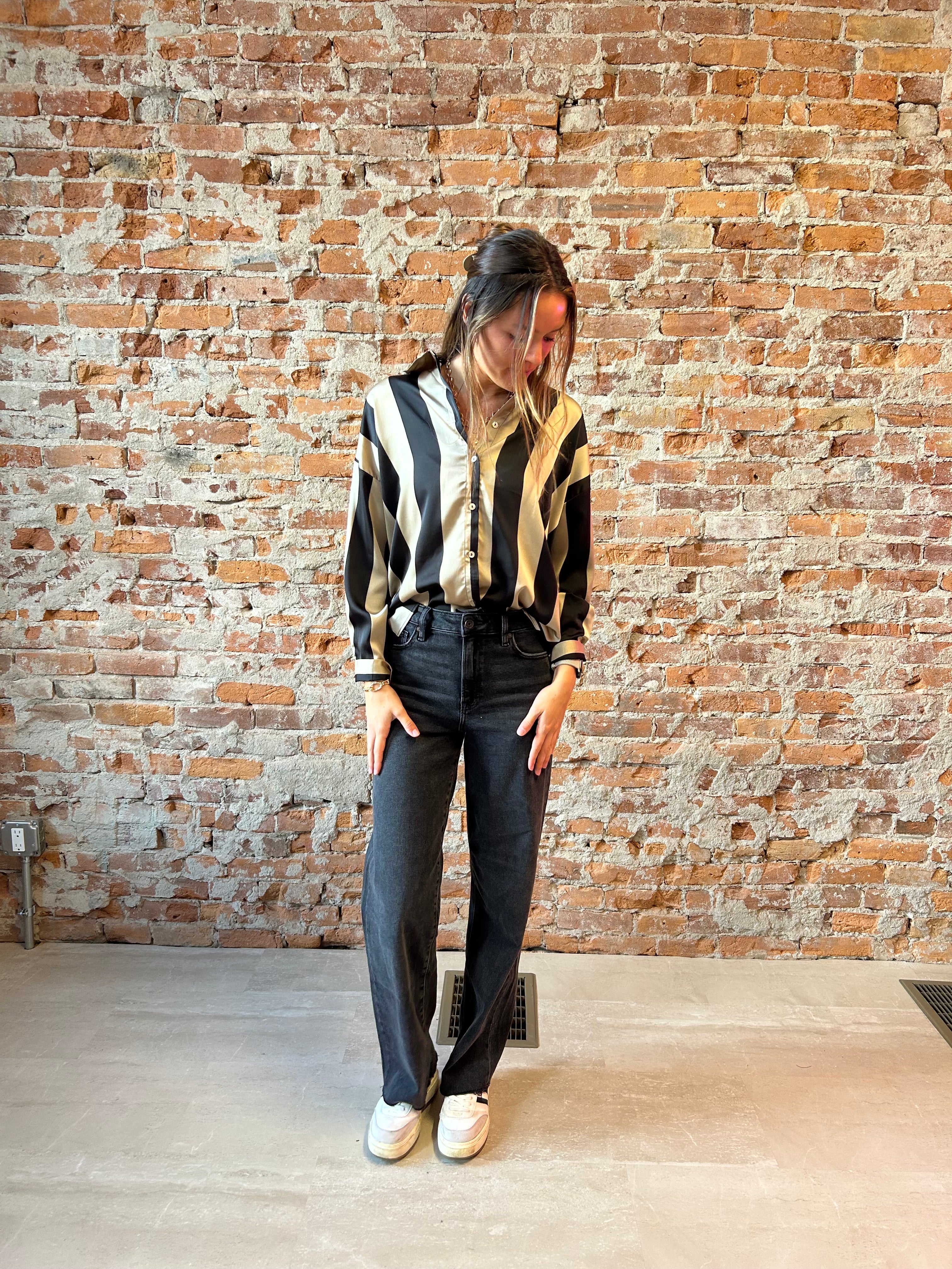 Lydia Oversized Stripe Satin Blouse-Blouse-Doe and Rae-The Funky Zebra Ames, Women's Fashion Boutique in Ames, Iowa